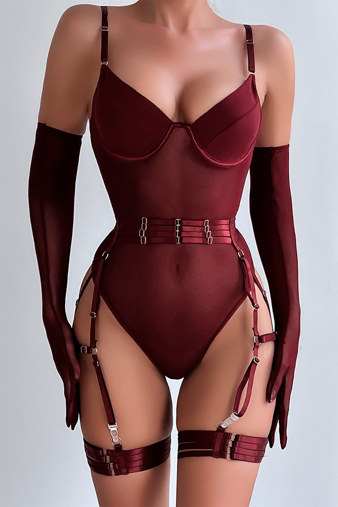 Sheer Mesh Belted Backless Bodysuit With Glove