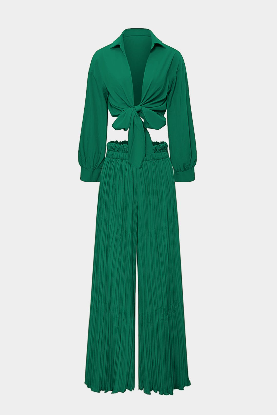 Ruched Tie Front Long Sleeve Top And Pleated Wide Leg Trousers Set