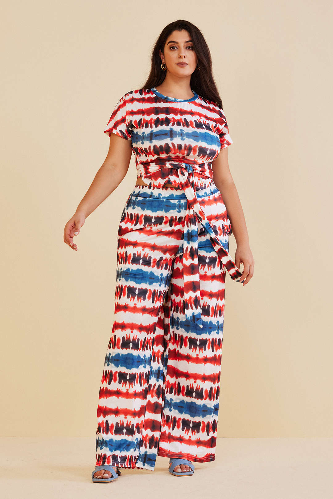 Plus Size Tie Dye Print Tie Knot Pants Set