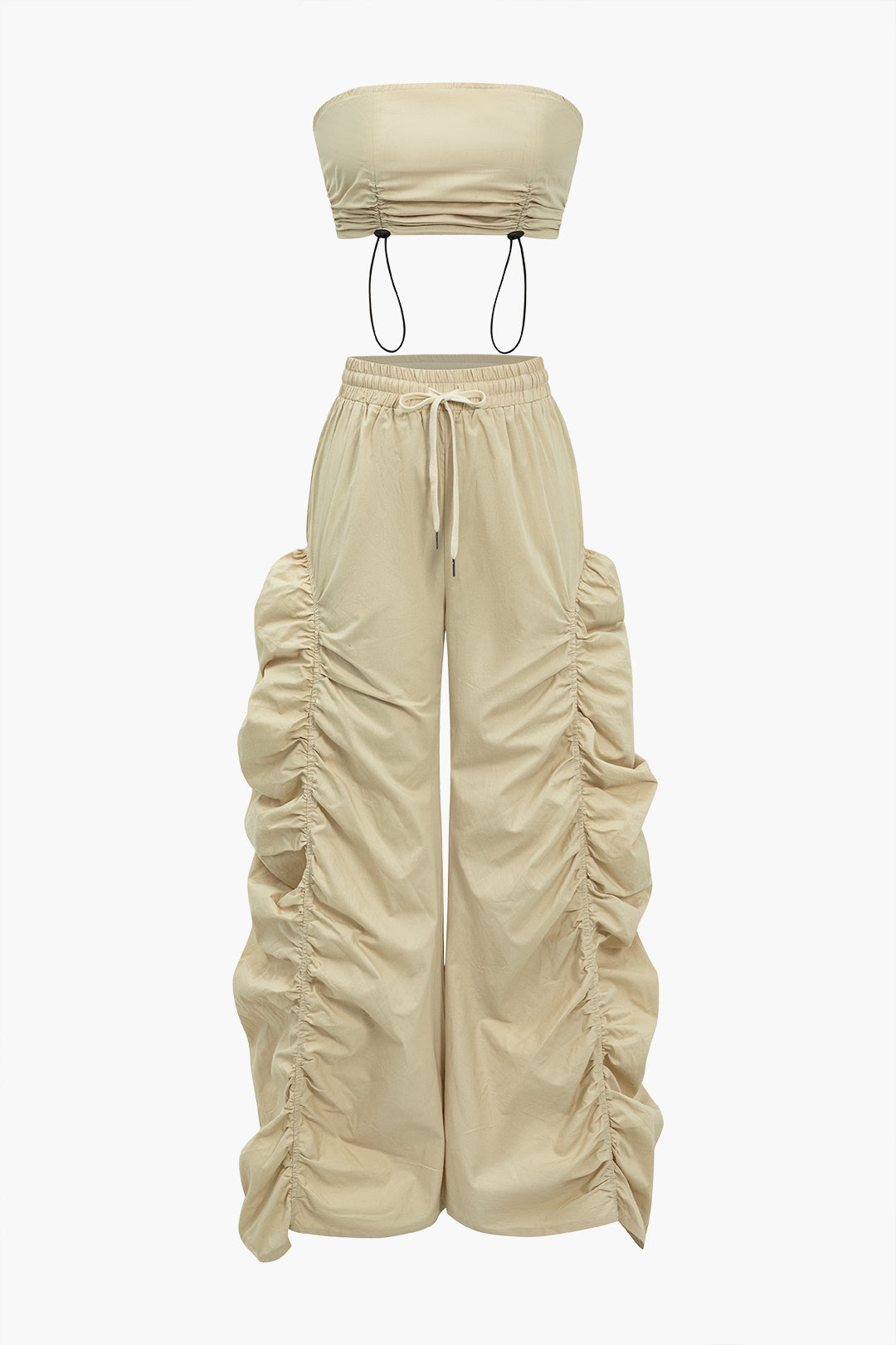 Ruched Drawstring Zipper Tank Top And Tie-Up Trousers Set