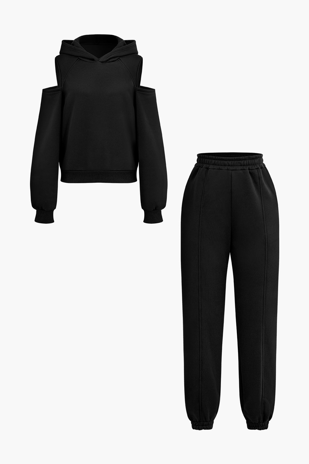 Solid Hooded Cut Out Sweatshirt And Elastic Pants Set