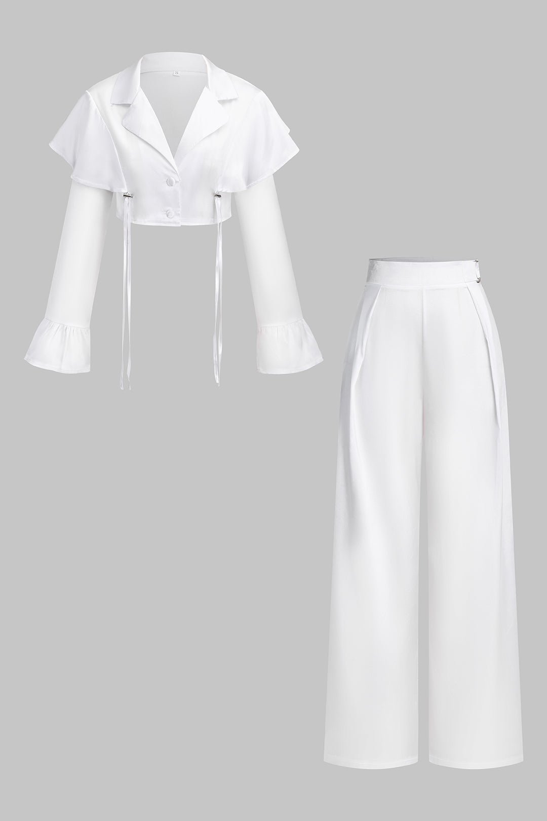 Satin Ruched Tie Up Button Bell Sleeve Top And Zipper Wide Leg Trousers Set