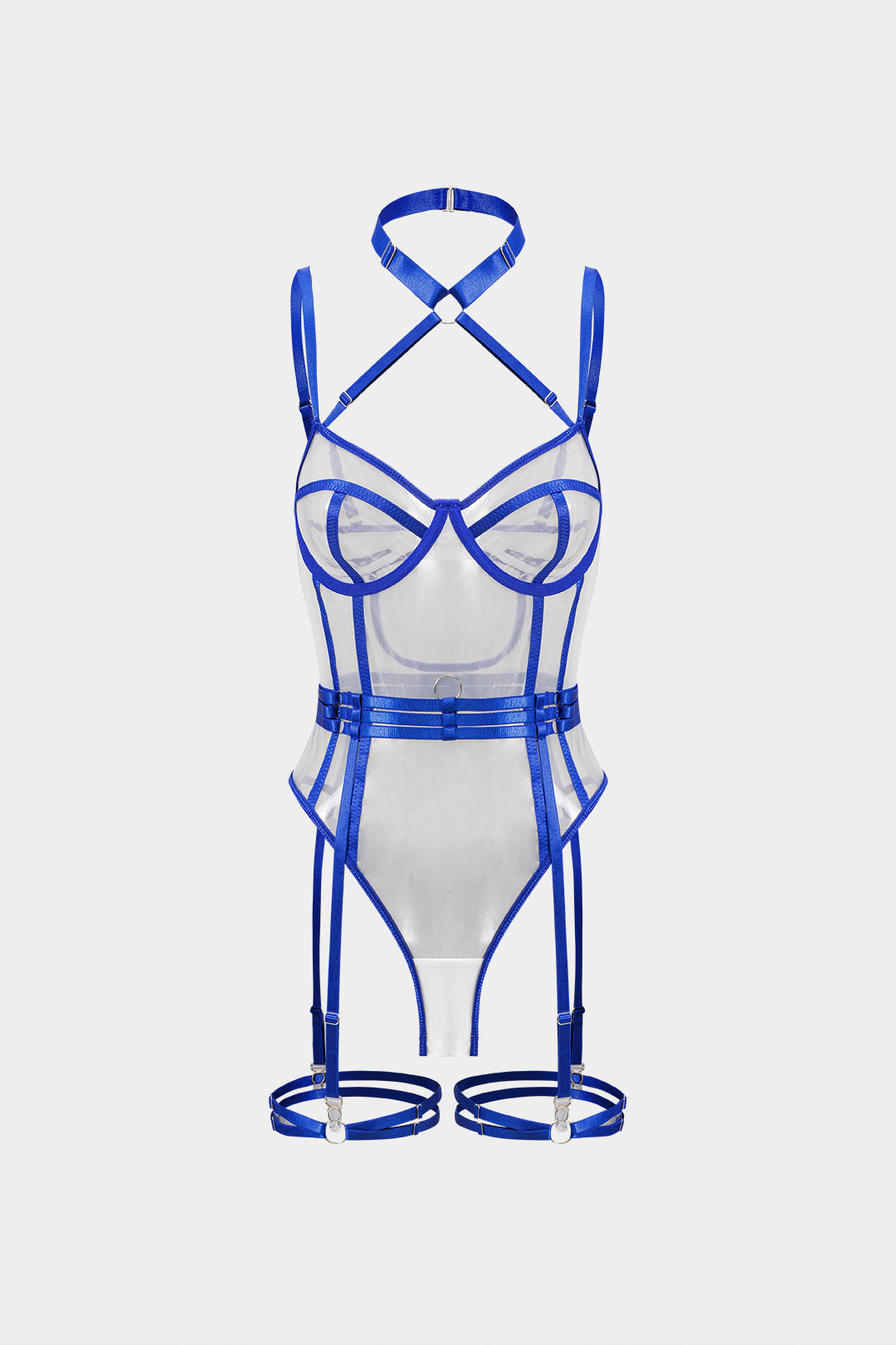 Contrast Mesh Sheer Patchwork Bustier Lingerie Garter Set