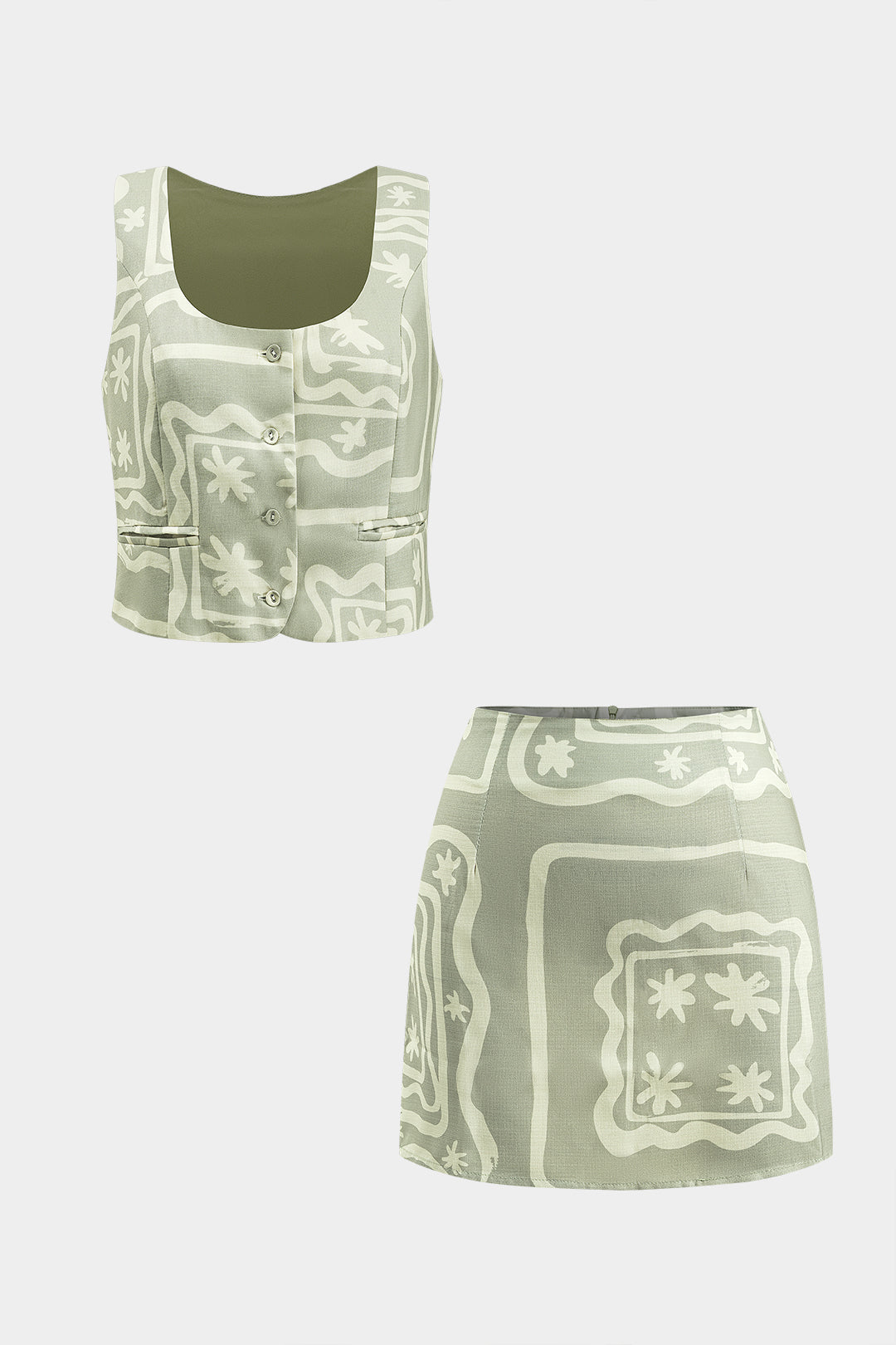 Geometric Print Button Pocket Tank Top And Zipper Skirt Set