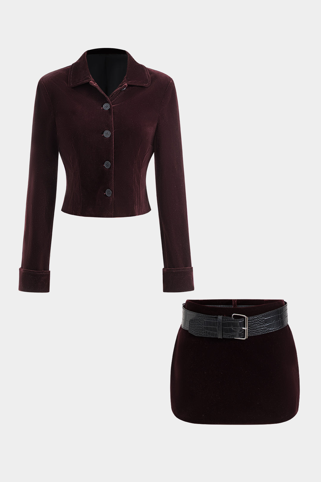 Velvet Button Long Sleeve Top And Belted Skirt Set