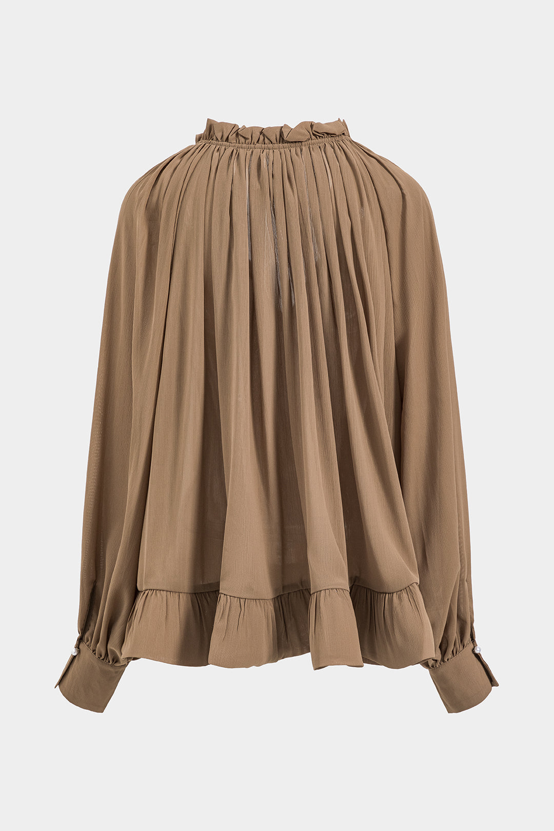 Chiffon Pleated Drawstring Bead Ruffle Long-Sleeve Shirt