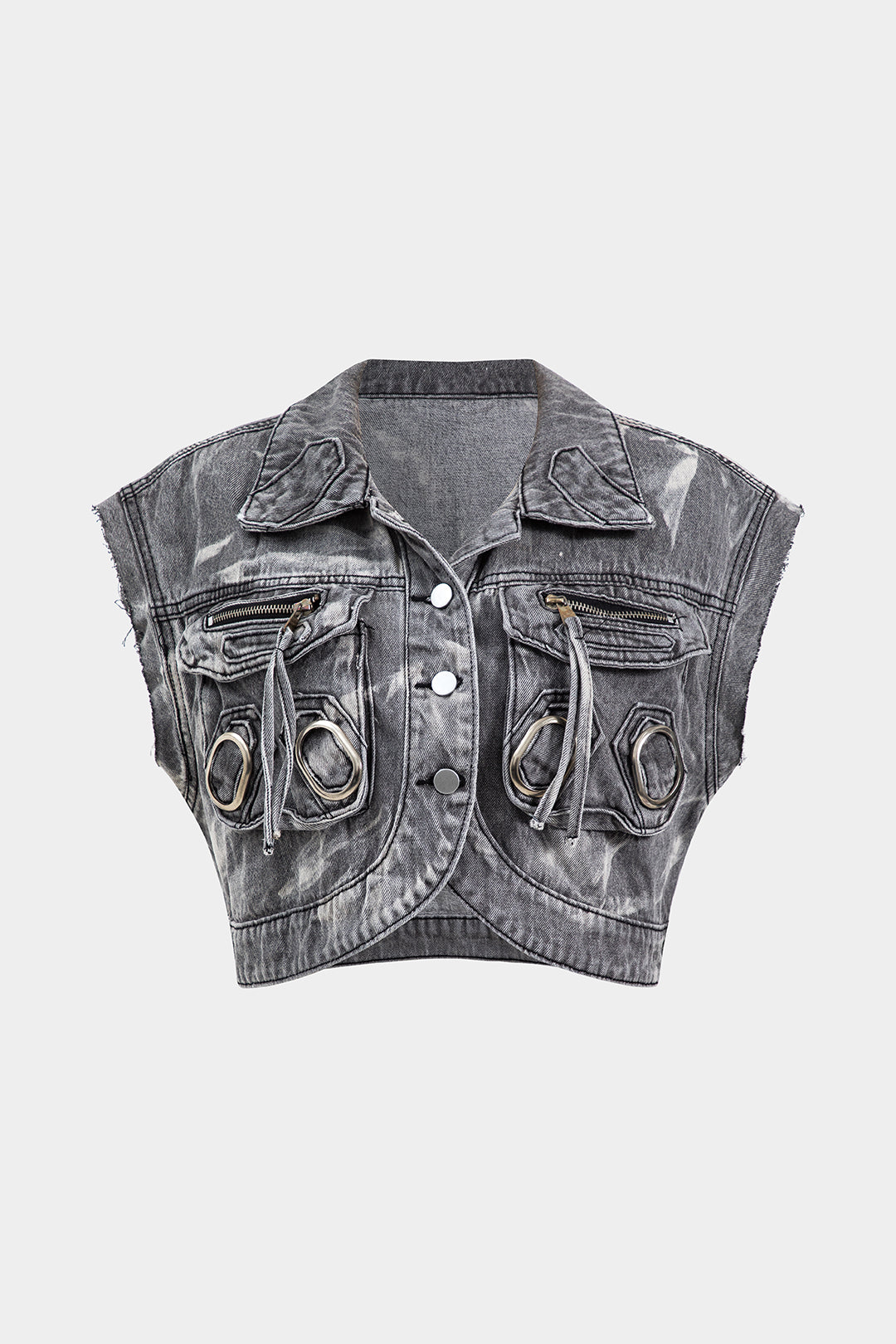 Metallic Ring Denim Zipper Pocket Vest