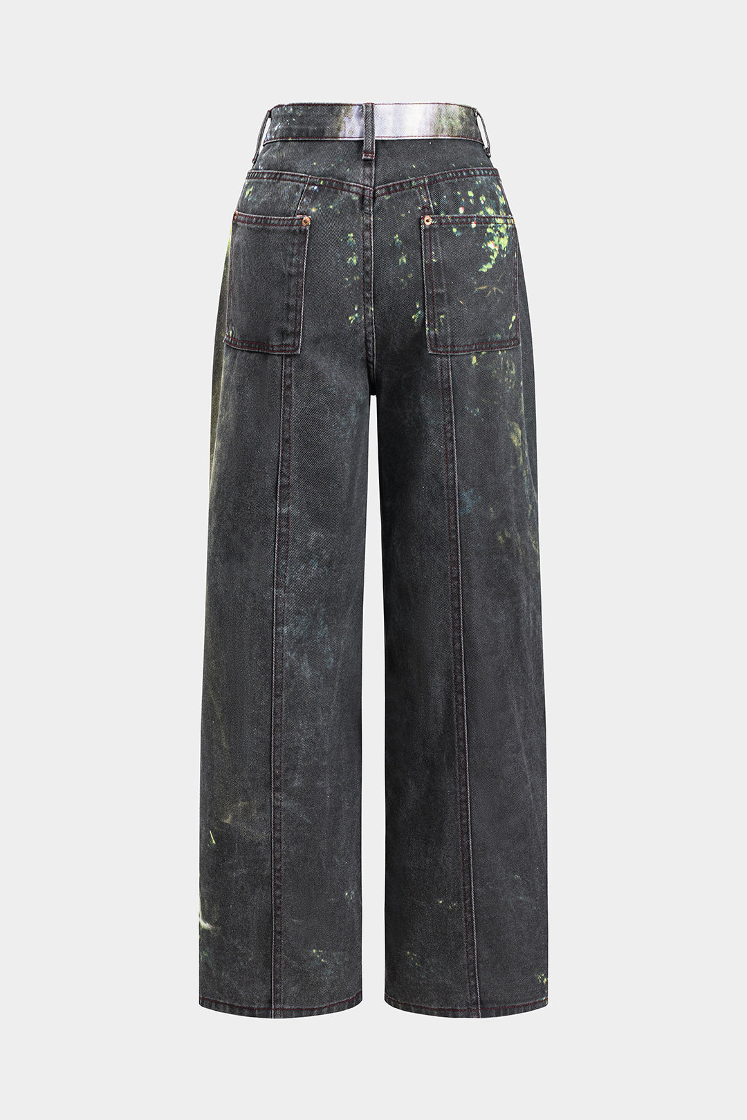 Waterfall Print Denim Button Pocket Wide Leg Jeans