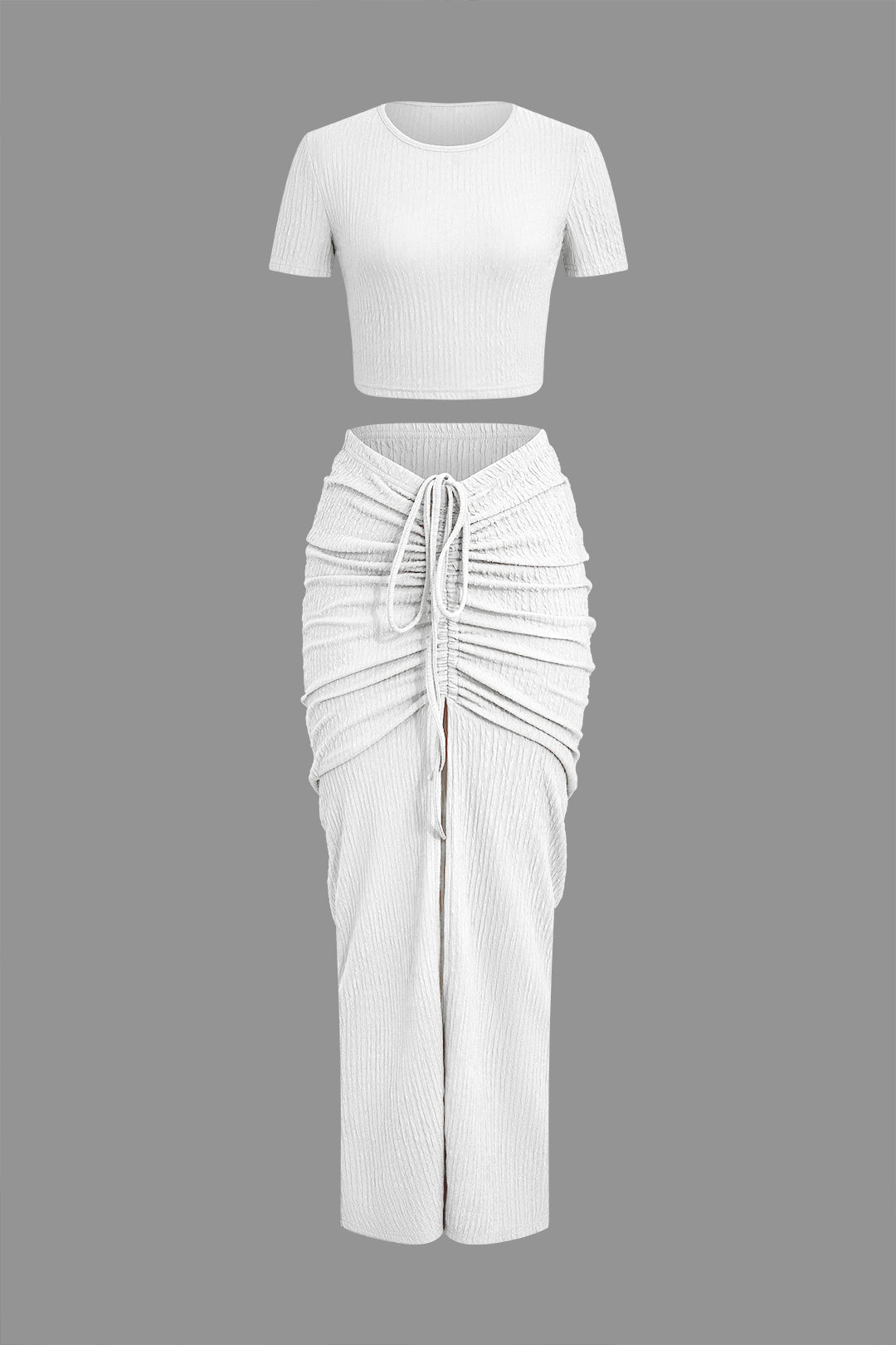 Textured Crop Top And Drawstring Ruched Skirt Set