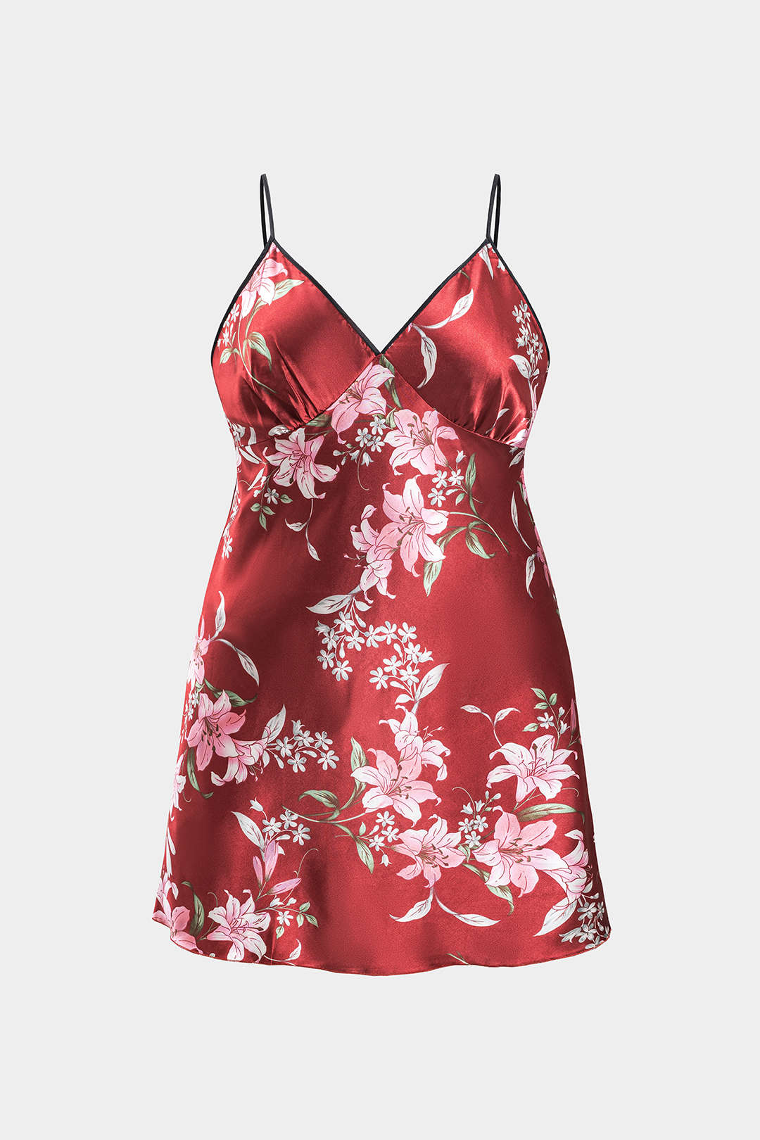 Plus Size Floral Print Satin Ruched Slip Night Dress