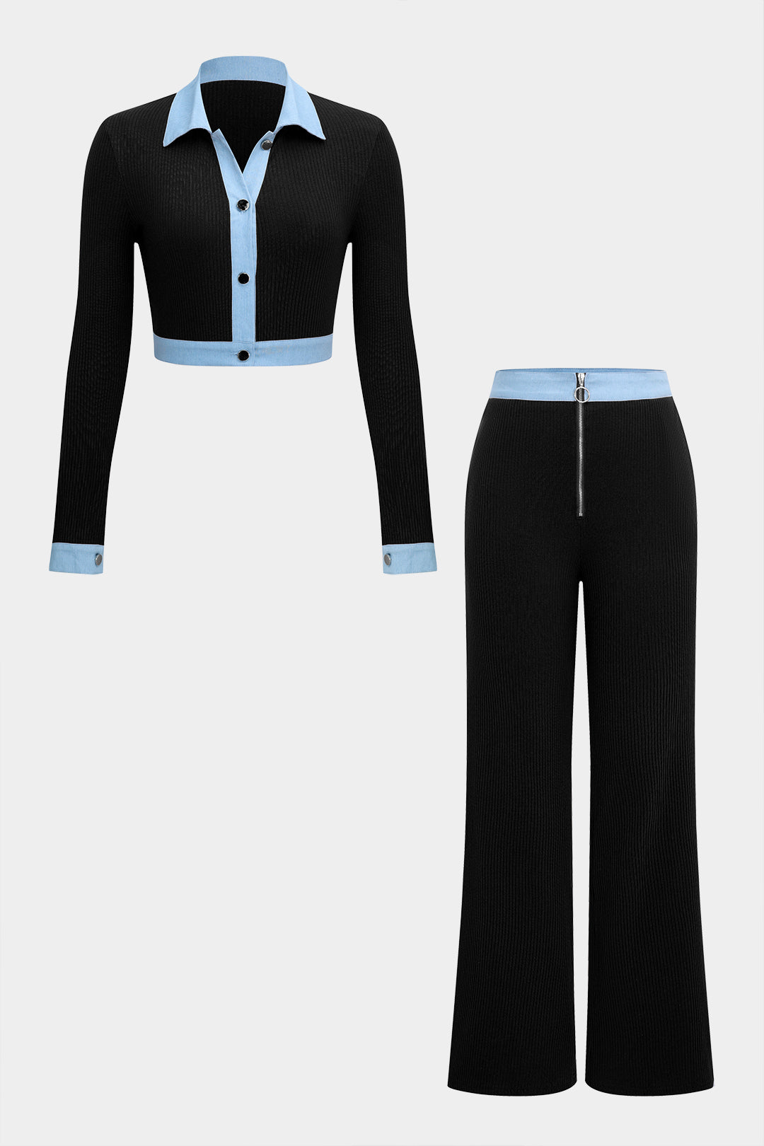 Button Patchwork Long Sleeve Top And Zipper Trousers Set