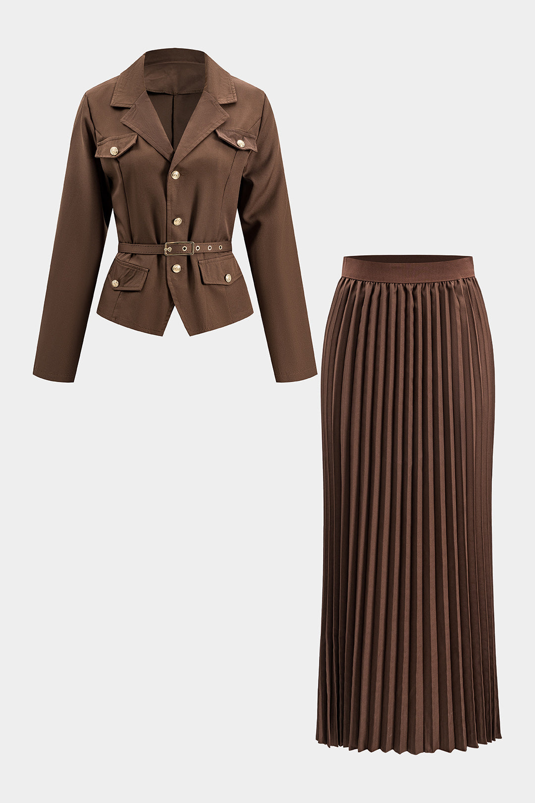 Belted Button Flap Pocket Long Sleeve Top And Pleated Skirt Set