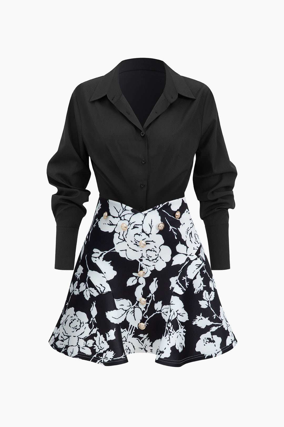 Floral Print Buttoned Long-Sleeve Shirt And Skirt Set