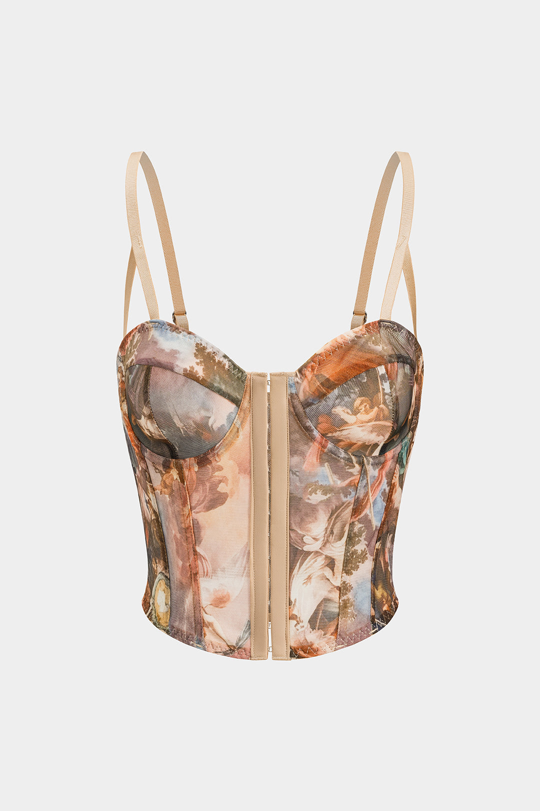 Retro Print Mesh Bustier Corset Cami Top