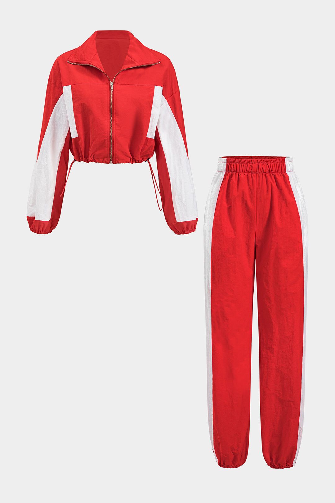 Ruched Patchwork Drawstring Zipper Long Sleeve Top And Trousers Set