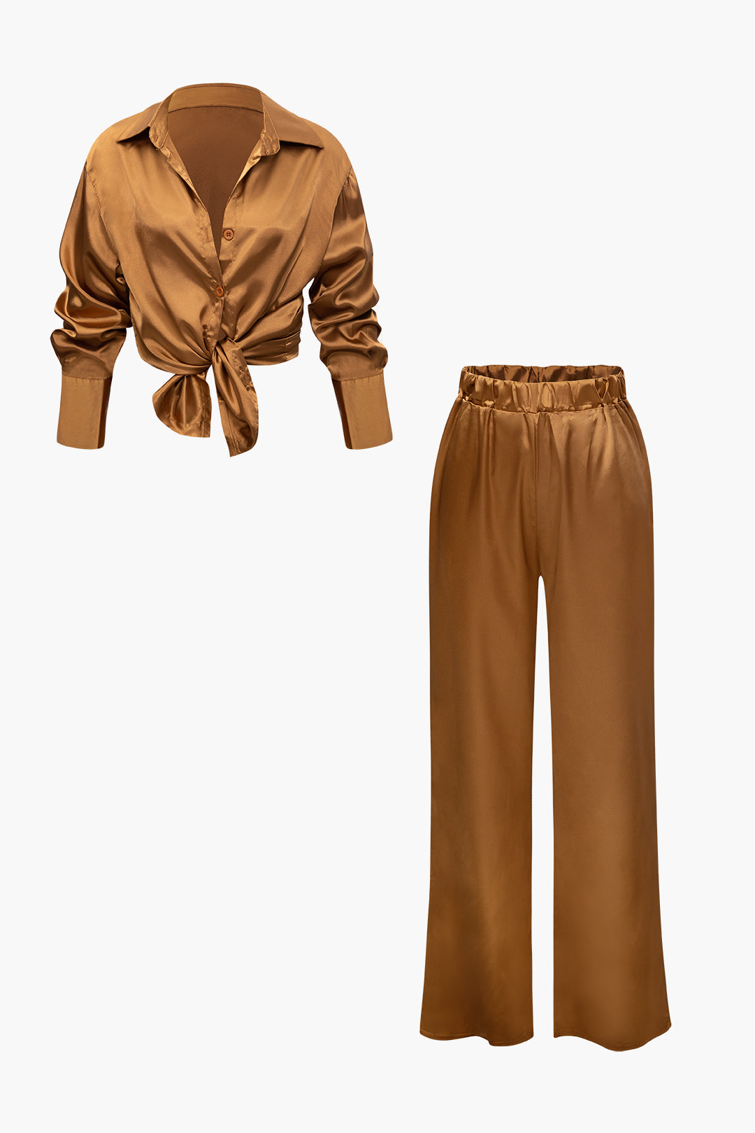 Satin Button Up Long Sleeve Shirt And Pants Set