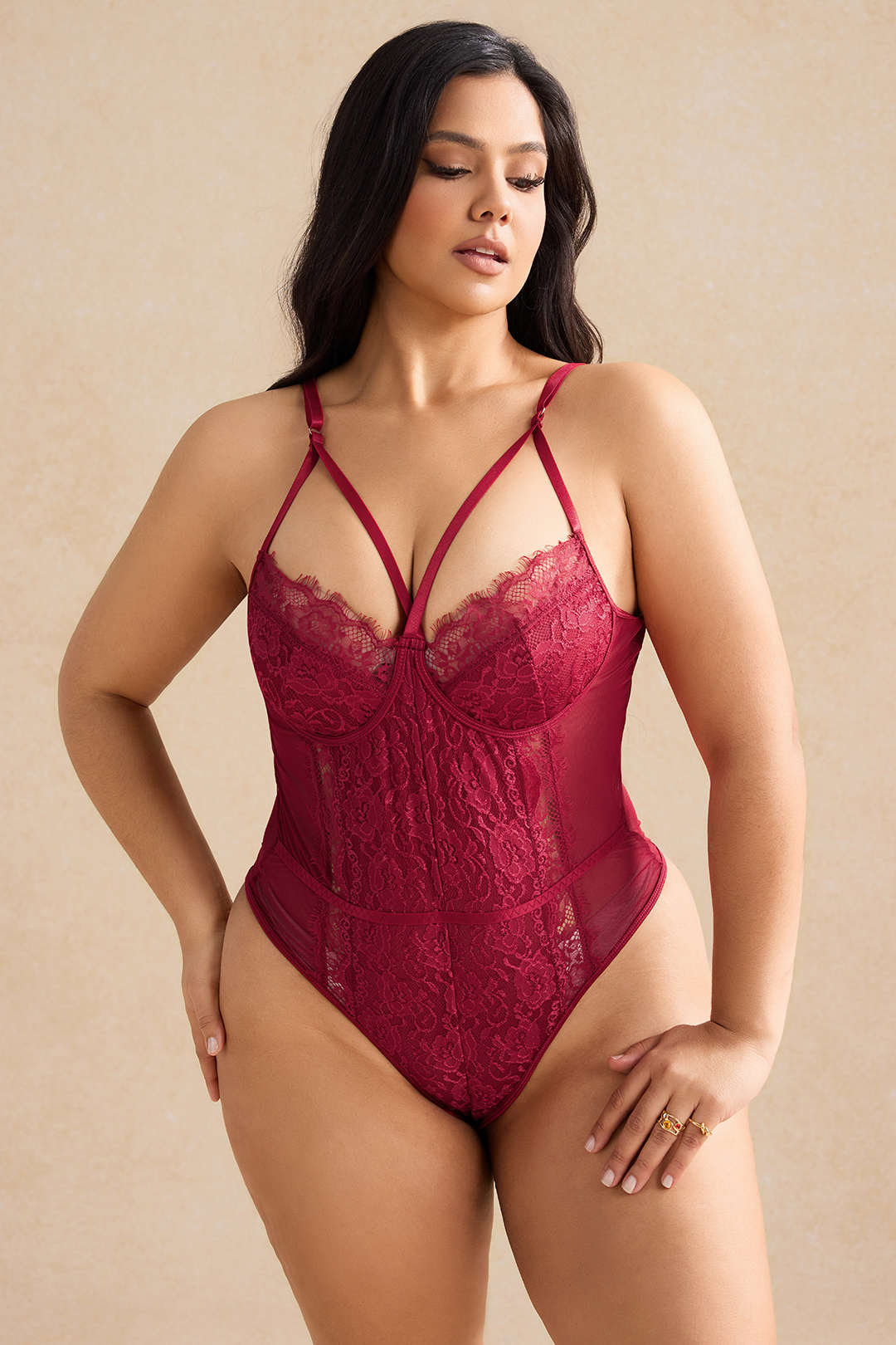 Plus Size Solid Lace Trim Patchwork Lingerie Bodysuit