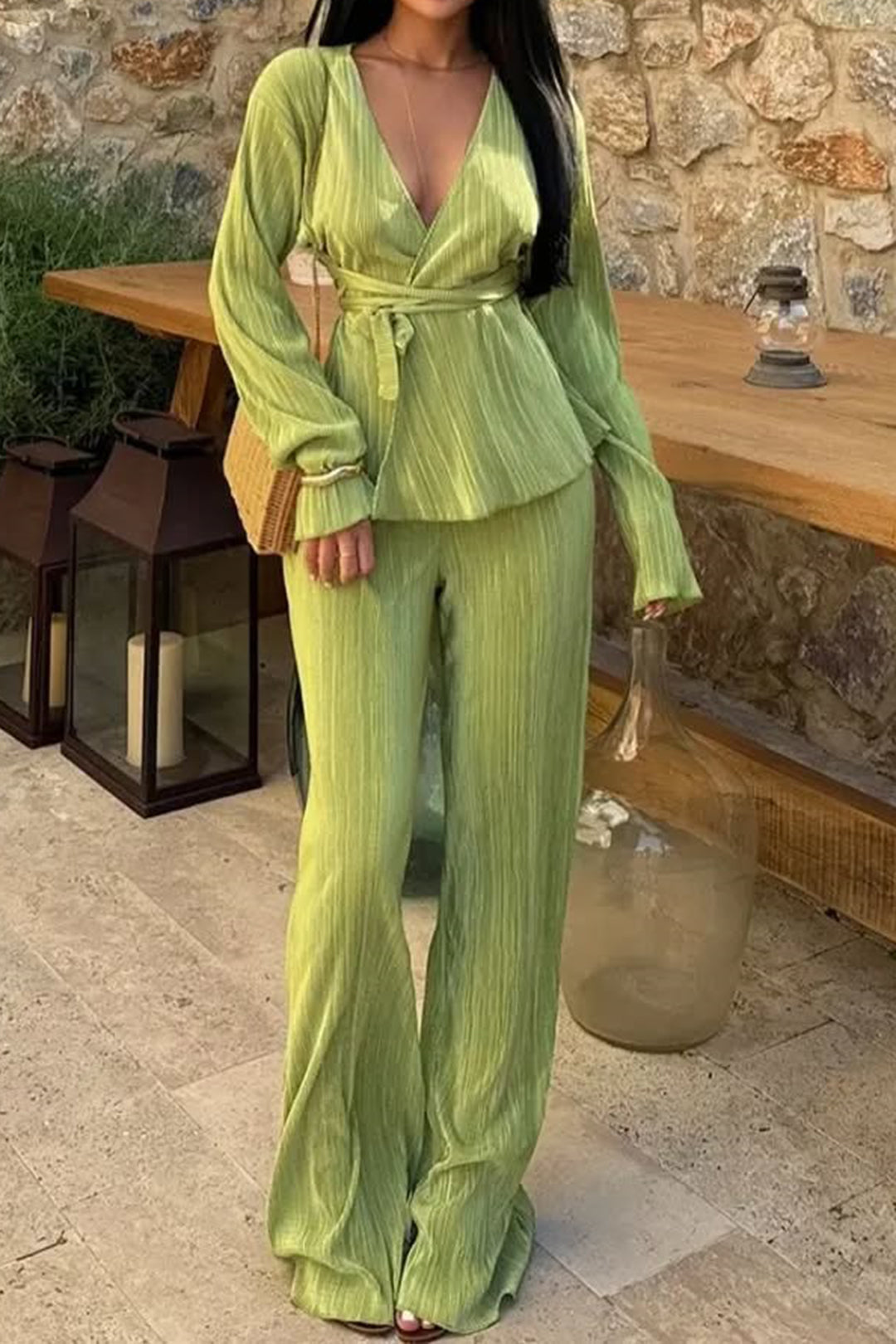 Pleated Tie Front Long Sleeve Top And Wide Leg Trousers Set