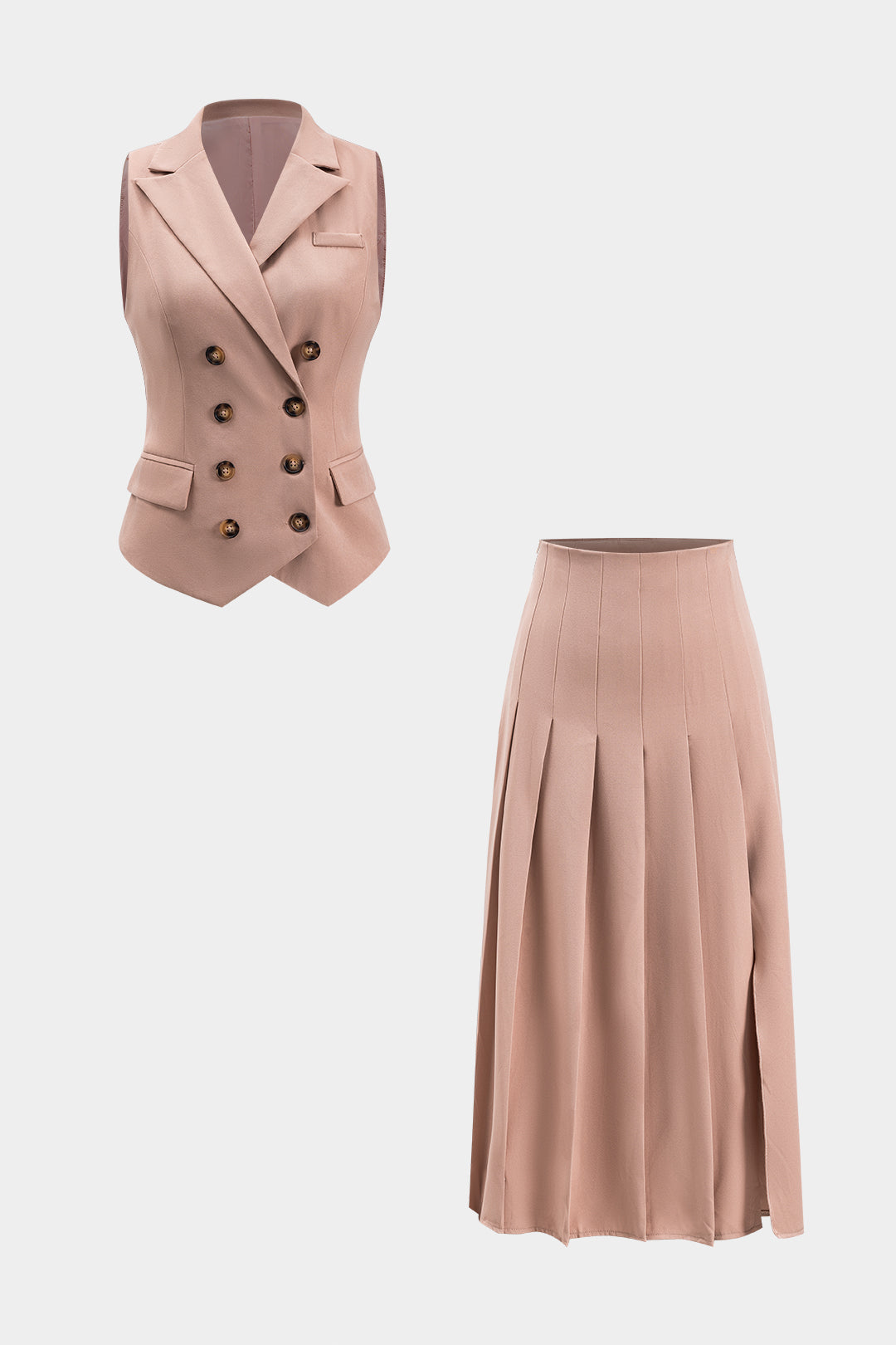 Button Flap Pocket Sleeveless Top And Pleated Slit Skirt Set