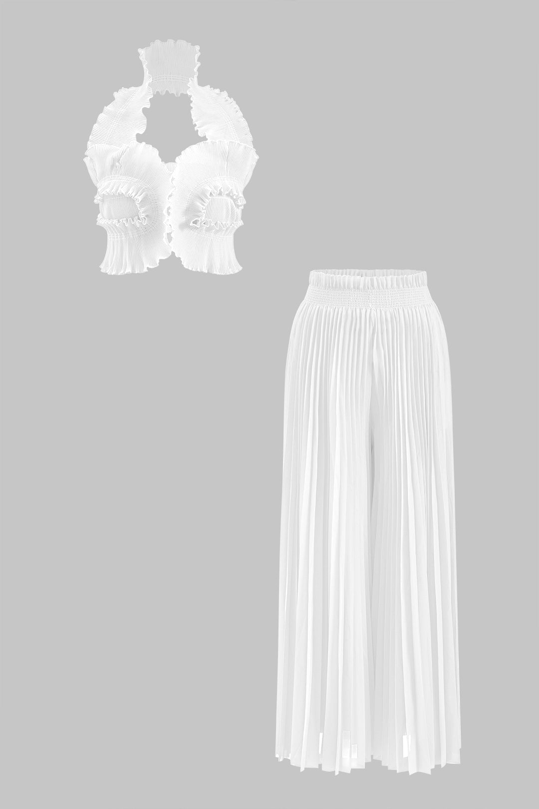 Halter Neck Ruffle Tube Top And High Waist Pleated Wide Leg Trousers Set