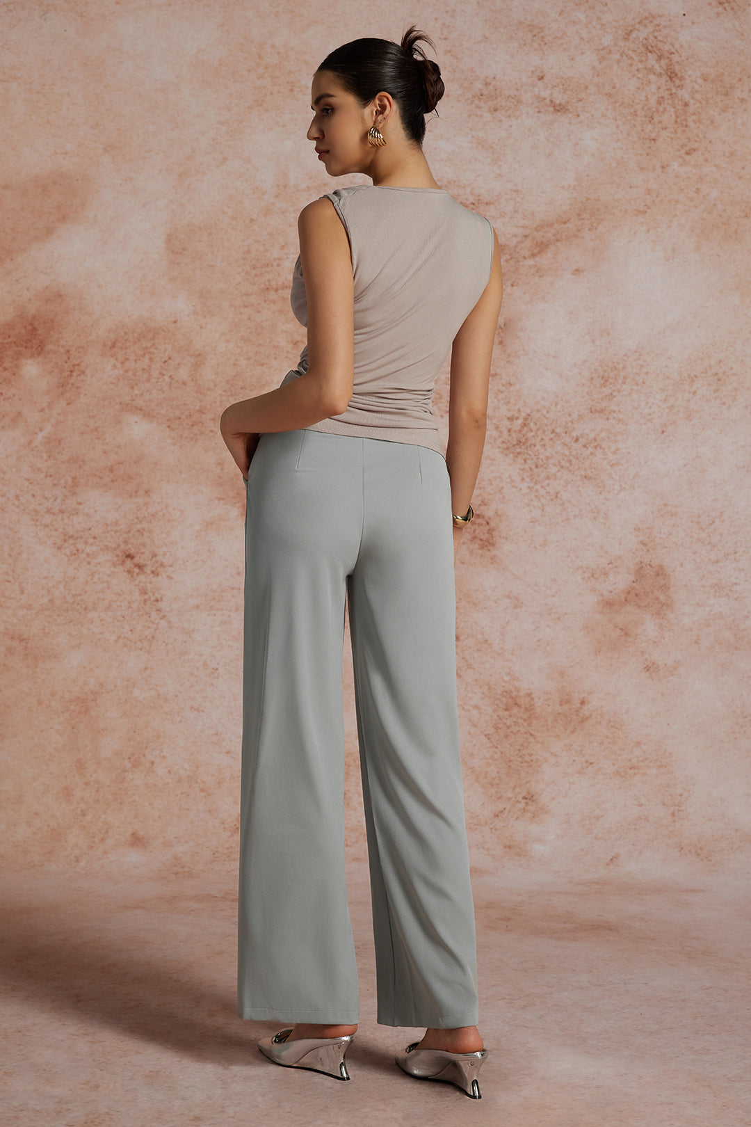 Asymmetric Waist Ruched Straight Leg Pants