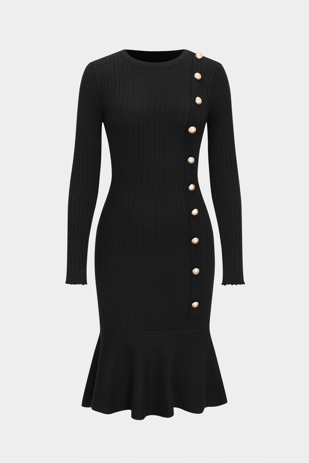 Knit Button Round Neck Long Sleeve Dress