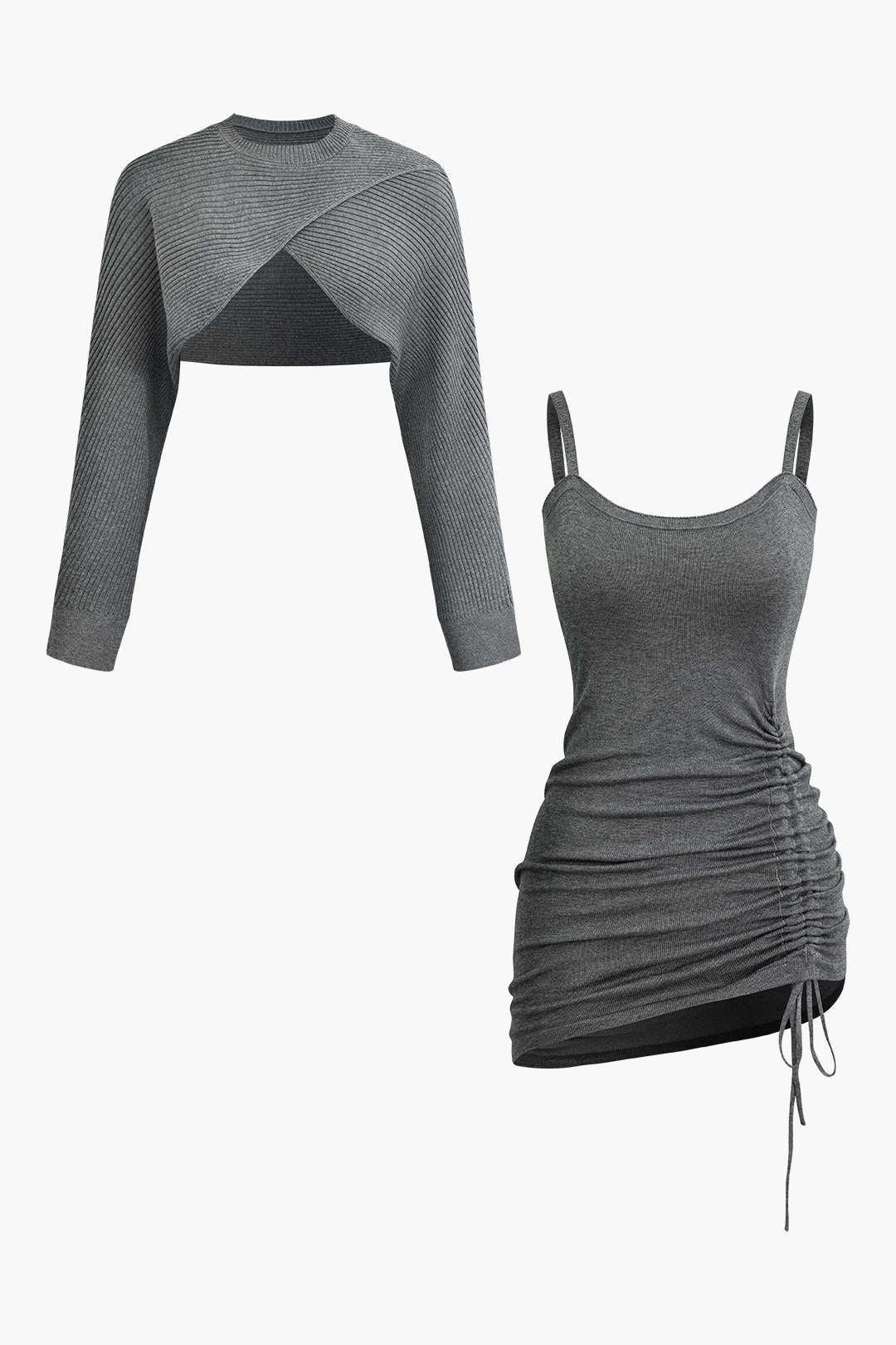 Cross Cut Out Crop Top And Asymmetrical Drawstring Mini Dress Set