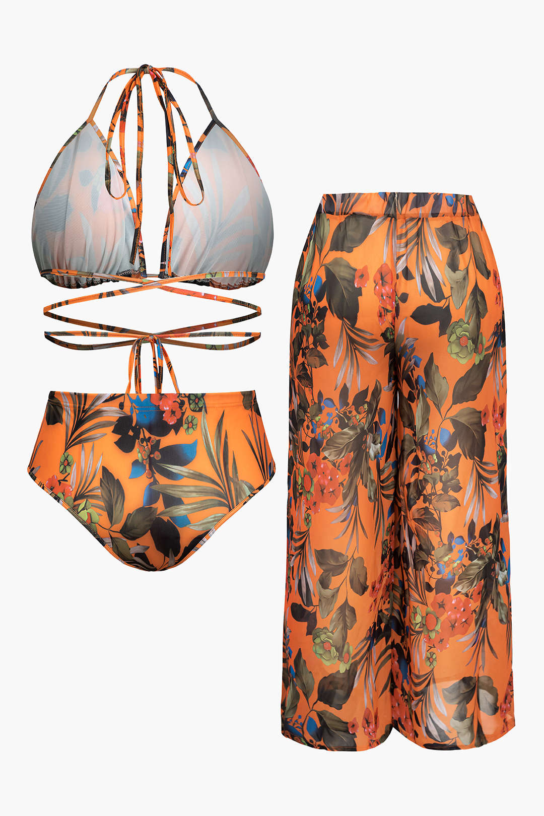 Plus Size Floral Print Bikini And Wide Leg Pants Set