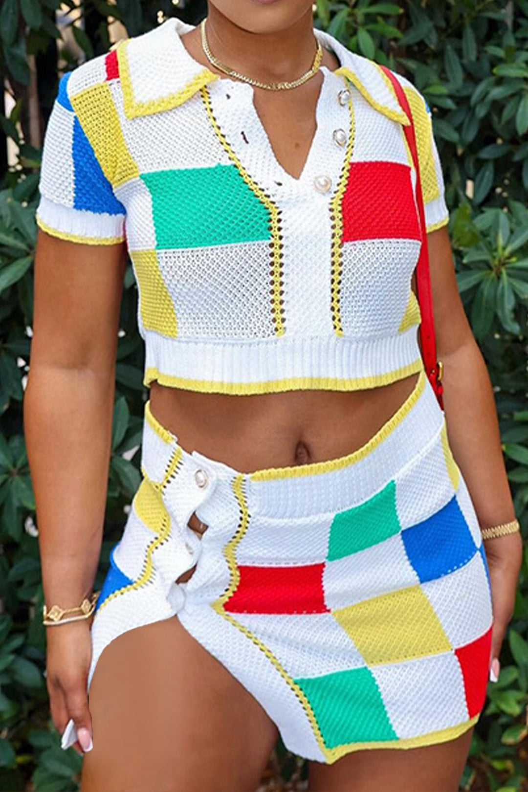 Color Block Knit Top and Split Mini Skirt Set