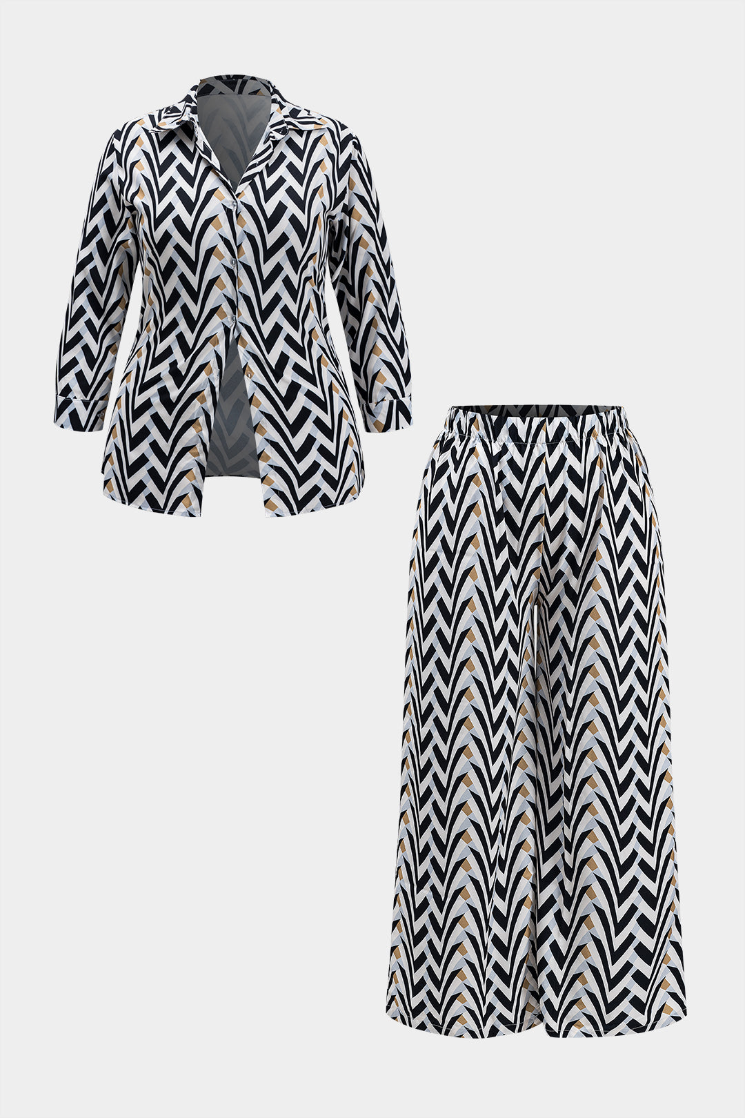 Plus Size Abstract Print Button Long Sleeve Shirt And Pleated Trousers Set