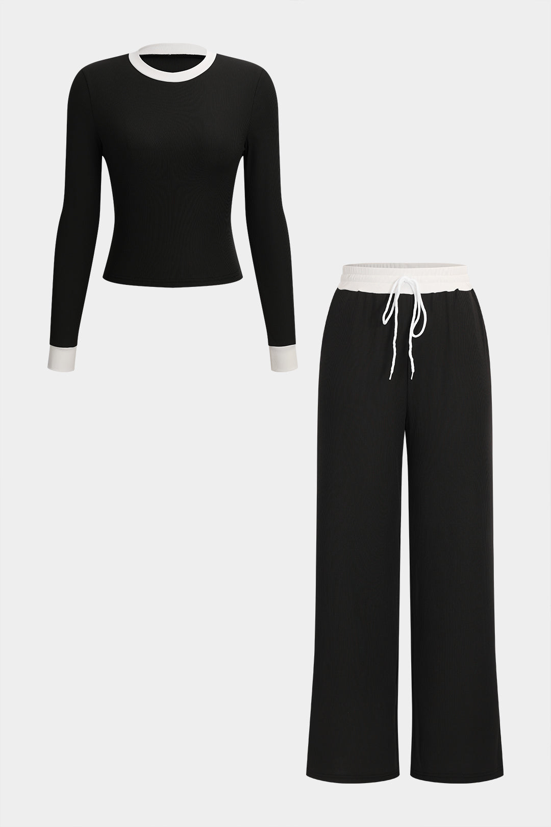 Patchwork Top And Drawstring Straight Trousers Set