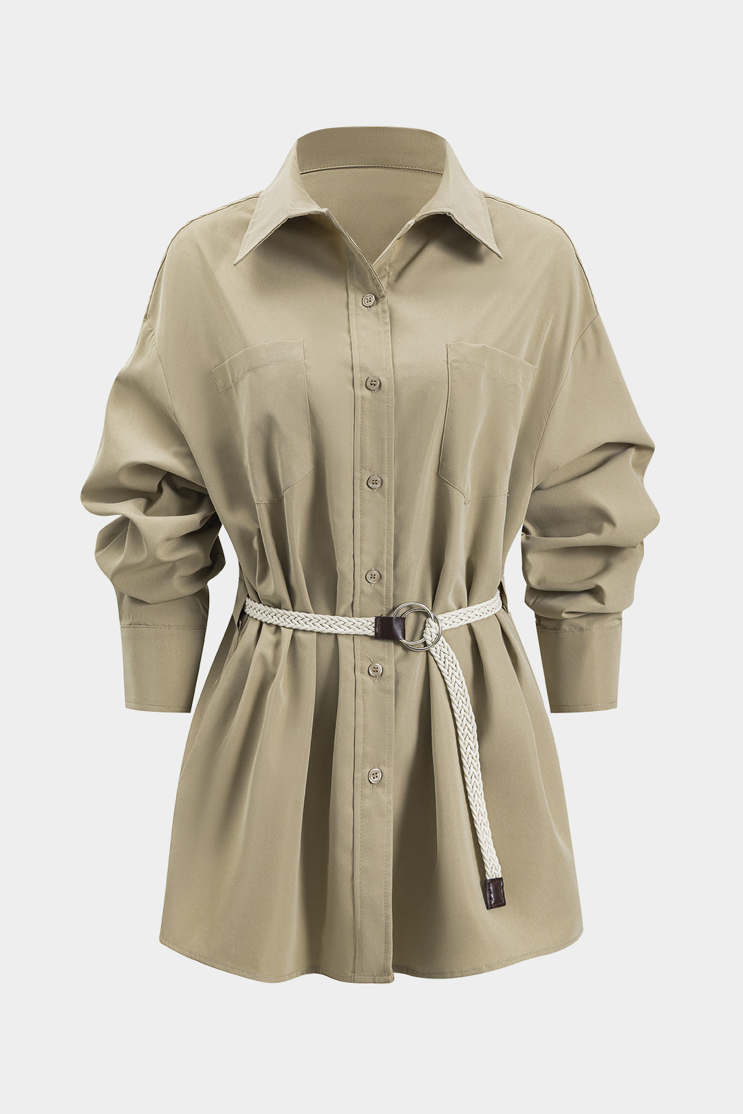 Ruched Button Pocket Belted Long Sleeve Mini Dress