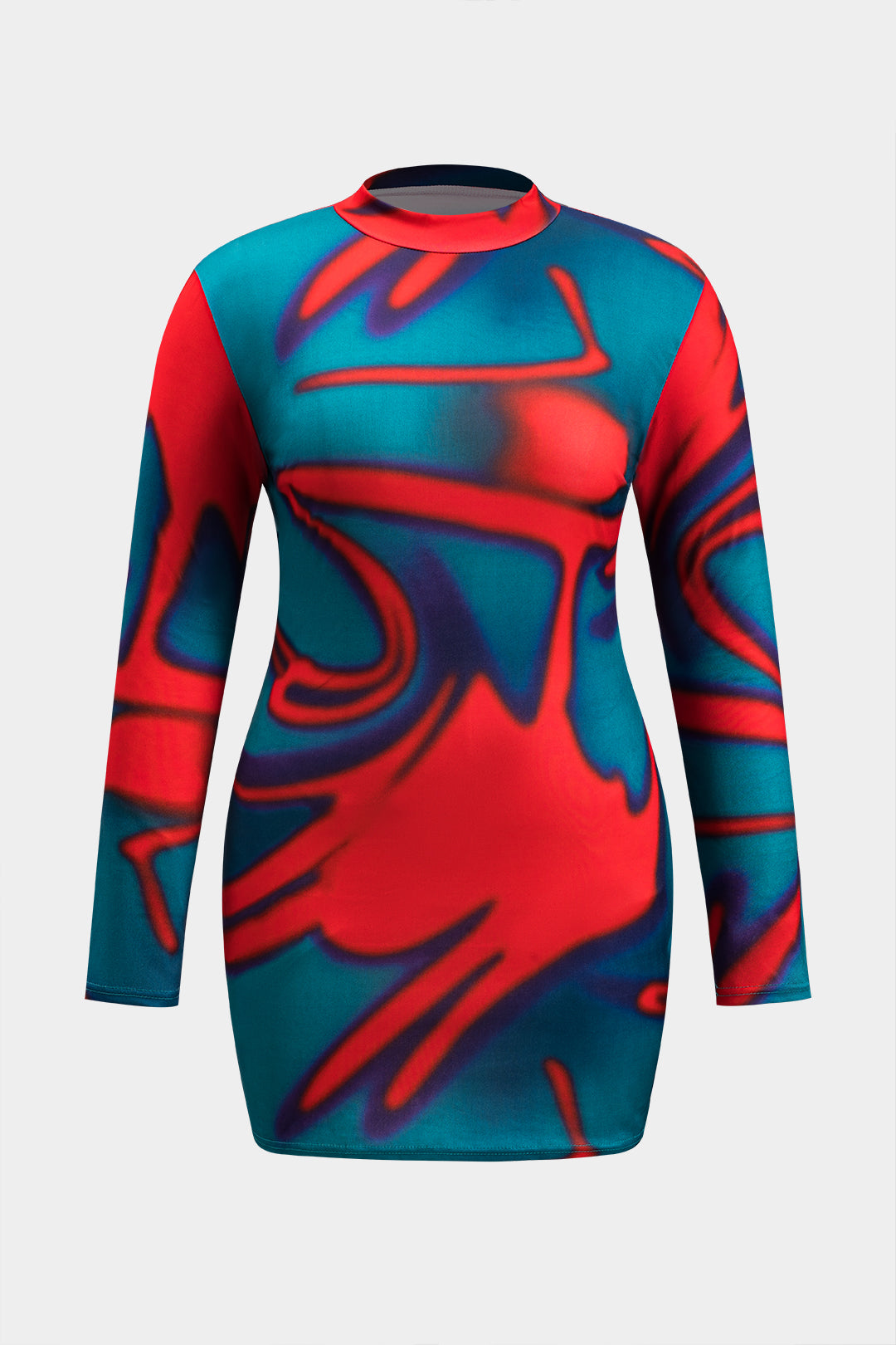 Plus Size Abstract Print Long Sleeve Mini Dress