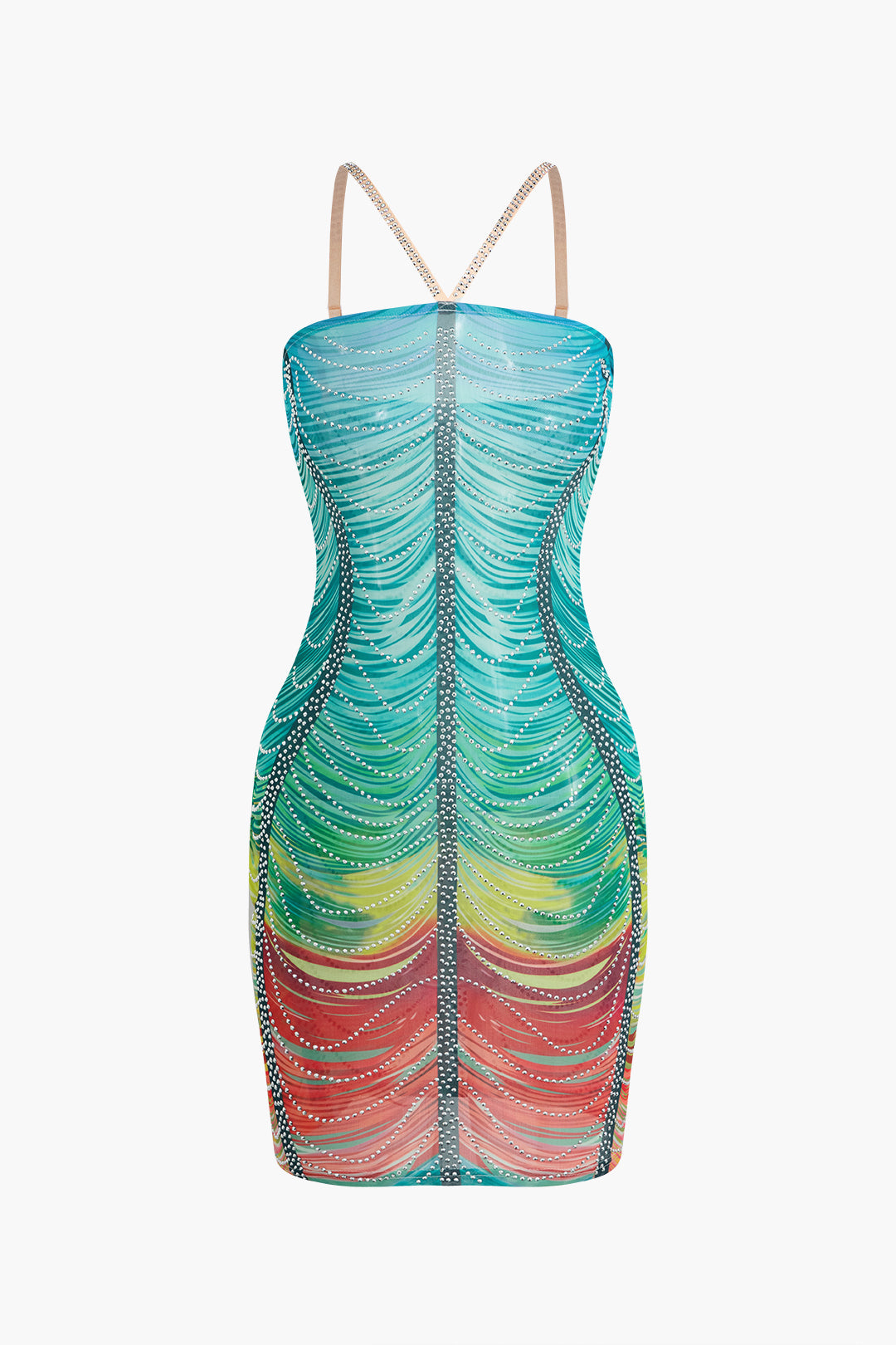 Rainbow Striped Rhinestone Bodycon Mini Dress