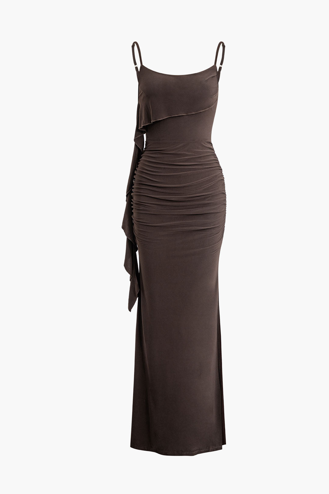 Solid Fringe Backless Slip Slit Maxi Dress