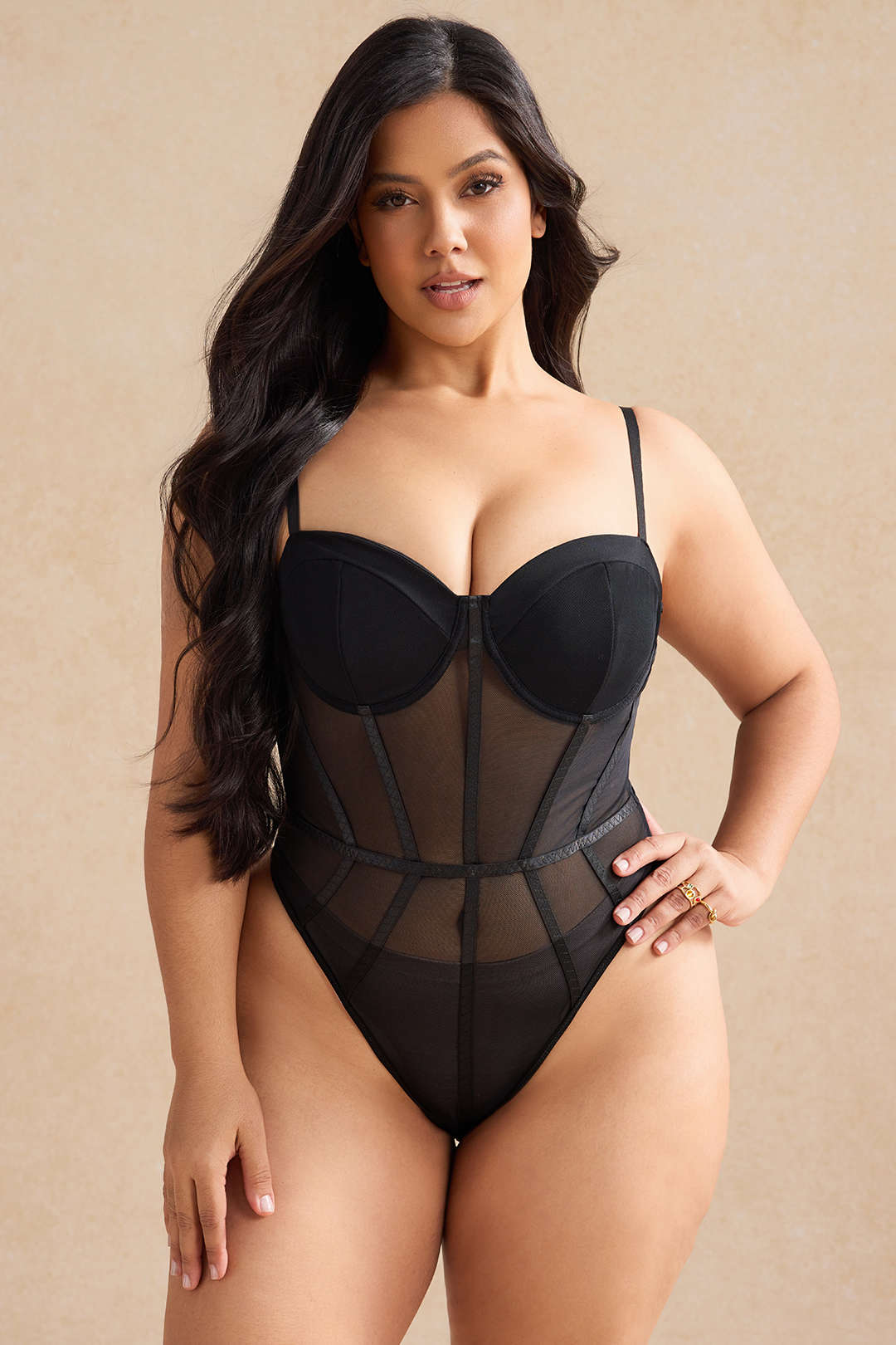 Plus Size Mesh Patchwork Corset Slip Bodysuit