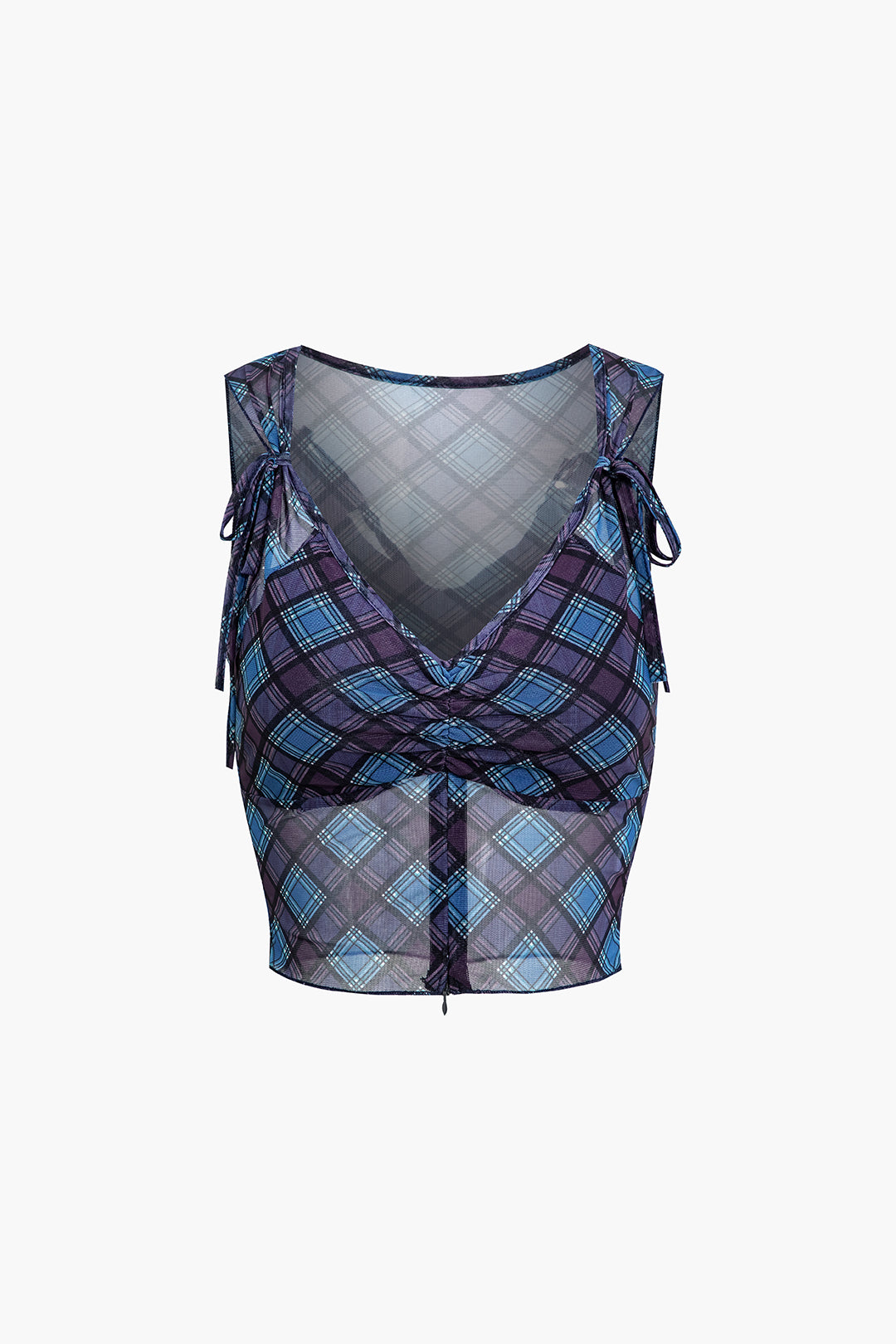 Plaid Print Mesh Tie Front Tank Top