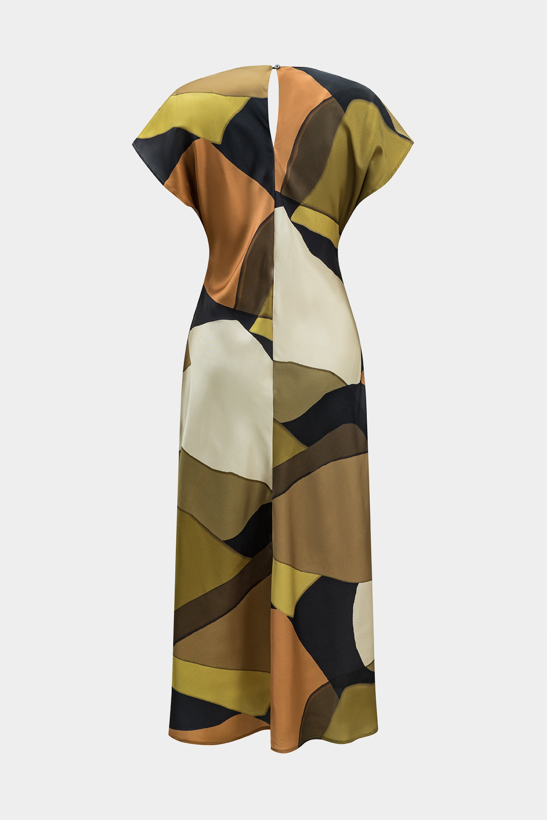 Abstract Print Satin Ruched Cut Out Button Midi Dress