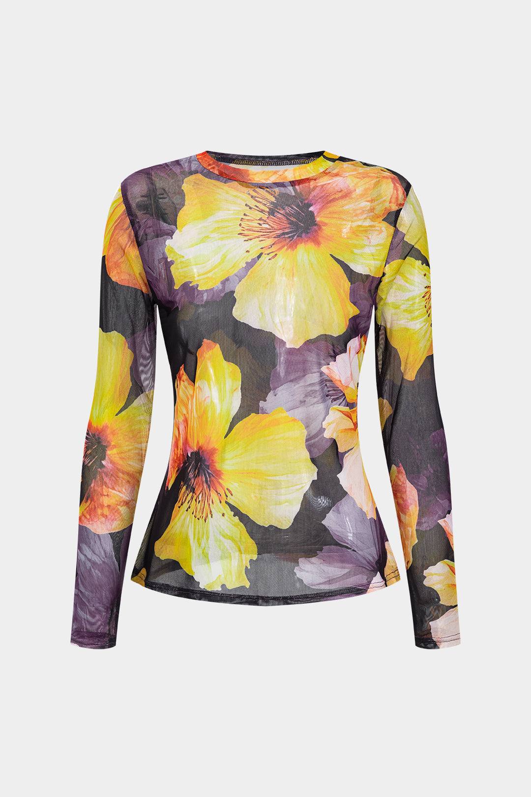 Floral Print Mesh Round Neck Long-Sleeve Top