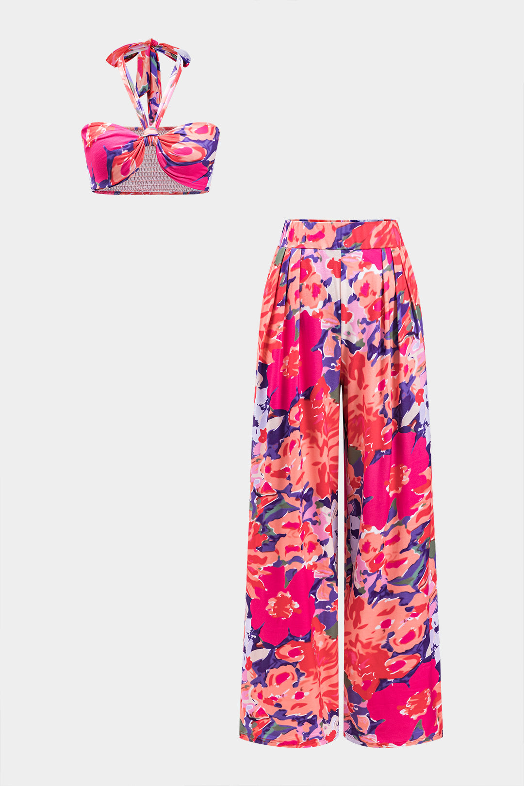 Floral Print Ruched Tie-Up Top And Wide Leg Trousers Set