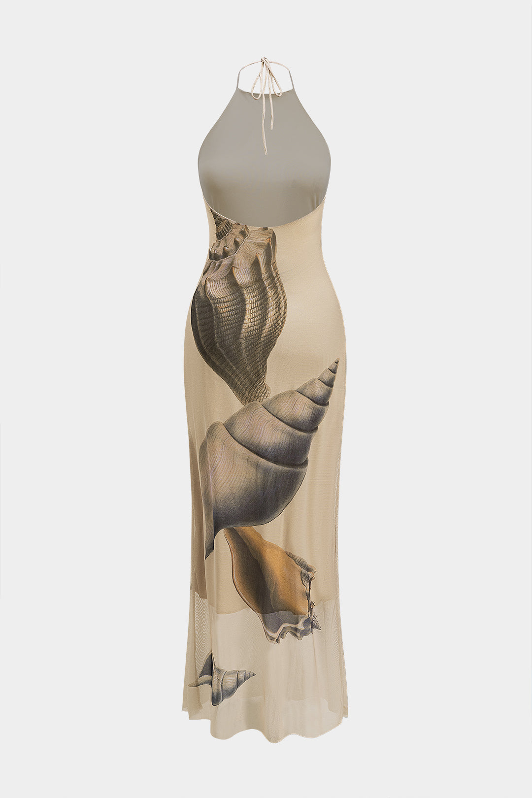 Tropical Shell Print Mesh Backless Tie Up Sleeveless Maxi Dress