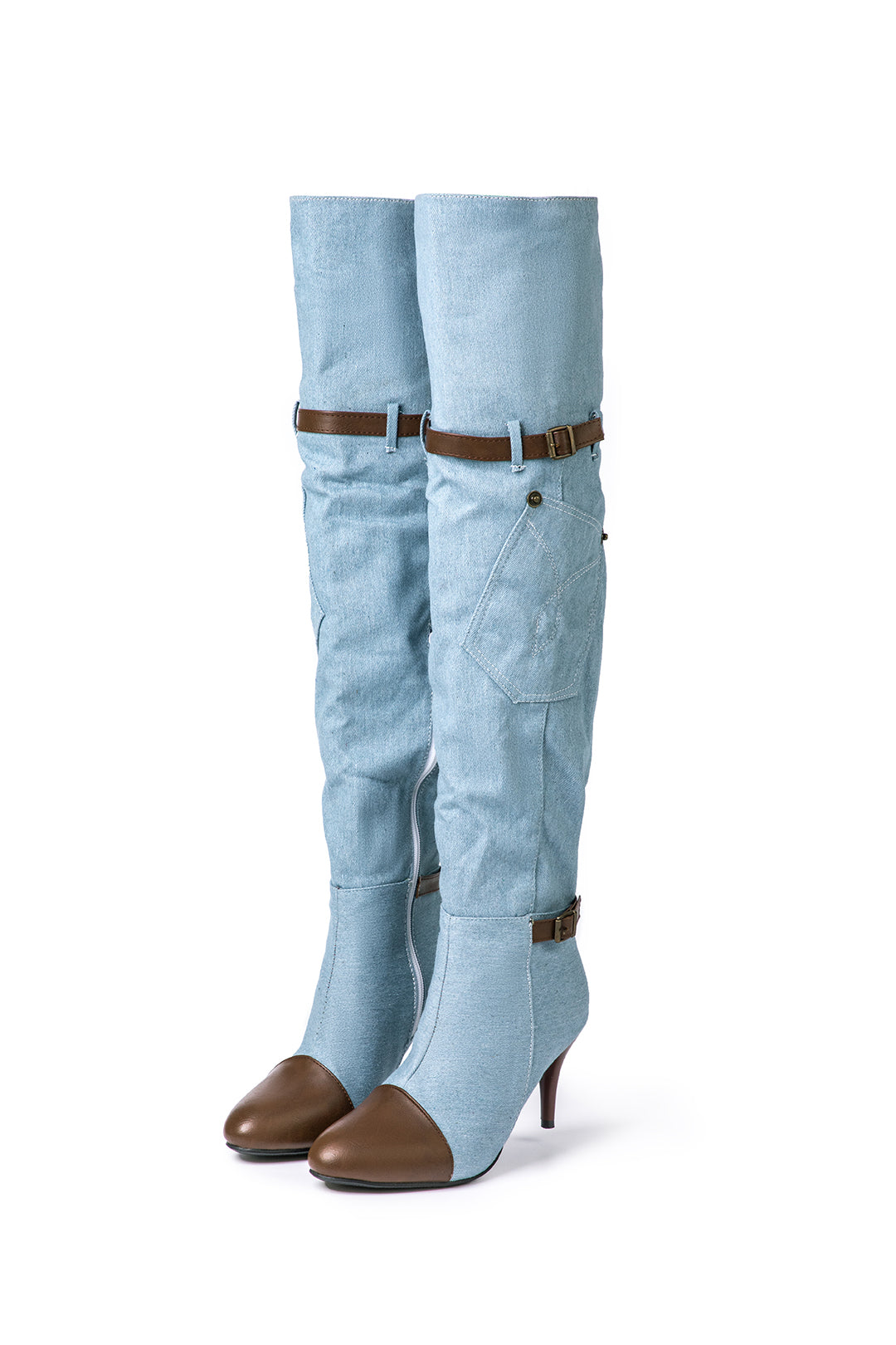 Denim Patchwork High Heel Almond Toe Over The Knee Boots