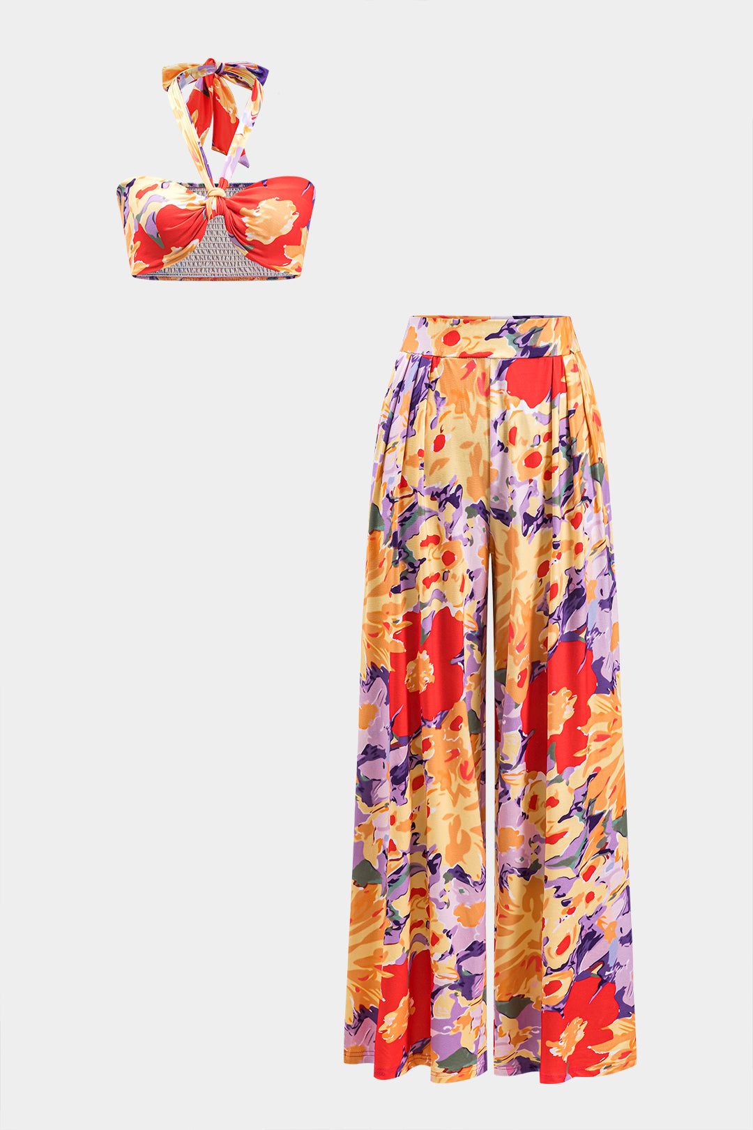 Floral Print Ruched Tie-Up Top And Wide Leg Trousers Set