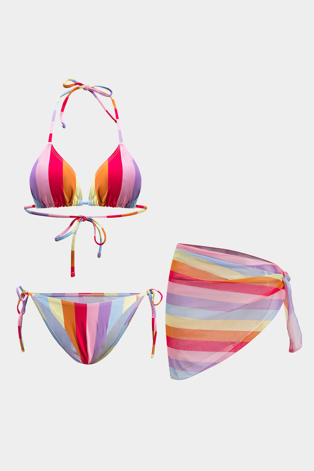 Stripes Rainbow Print Ruched Backless Tie-Up Bikini And Tie Knot Cover Up Set