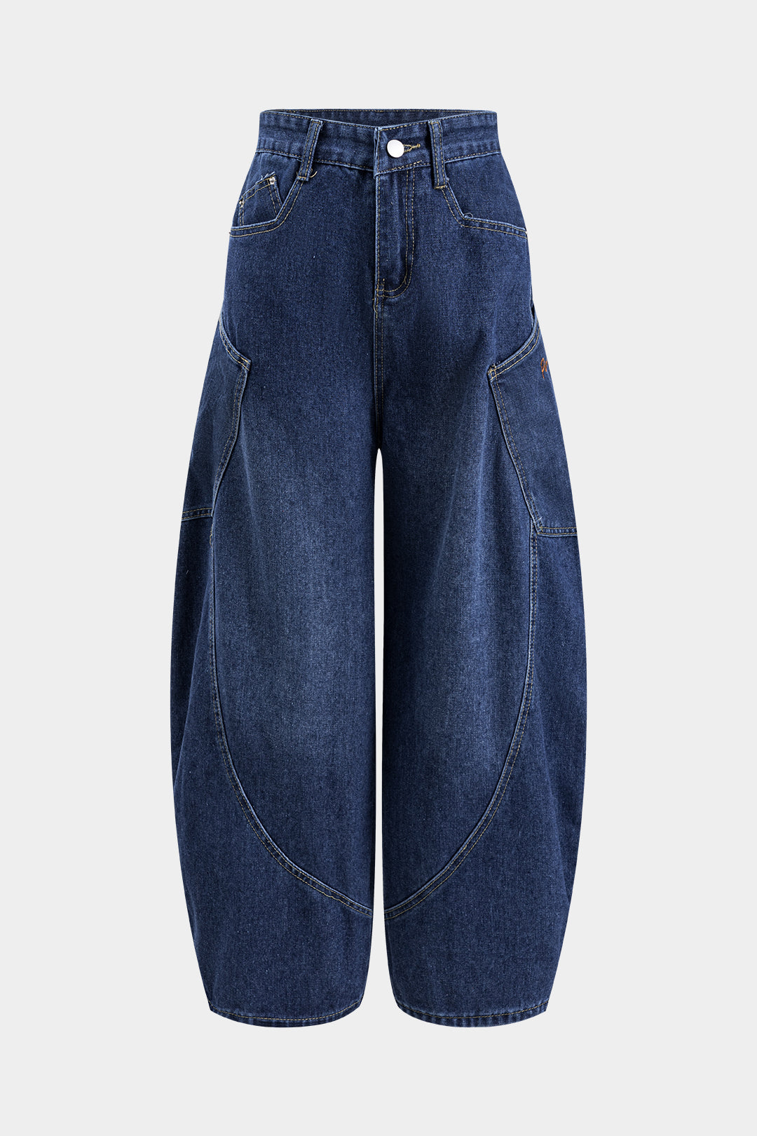 Denim Embroidery Button Pocket Wide Leg Barrel Jeans