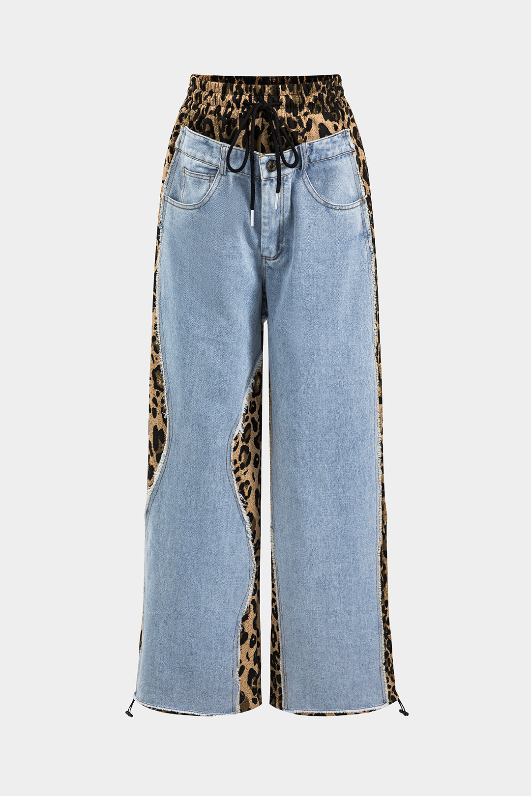 Leopard Print Denim Patchwork Tie Front Pocket Wide Leg Jeans