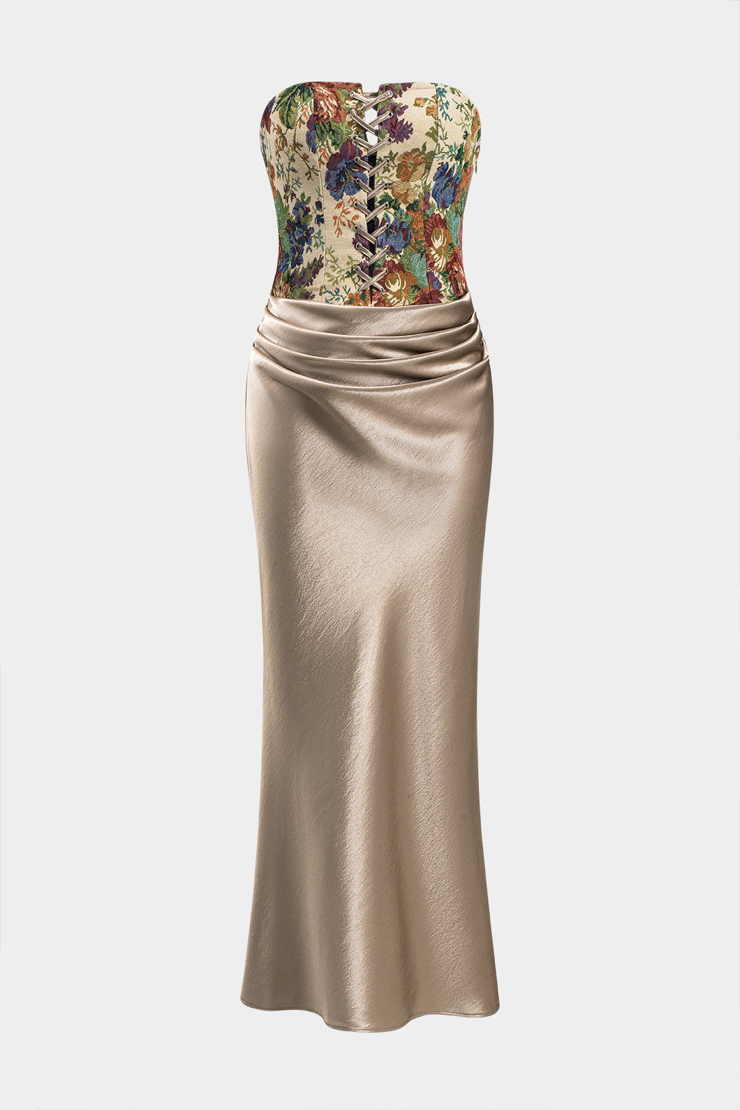 Satin Embroidery Ruched Drawstring Strapless Maxi Dress