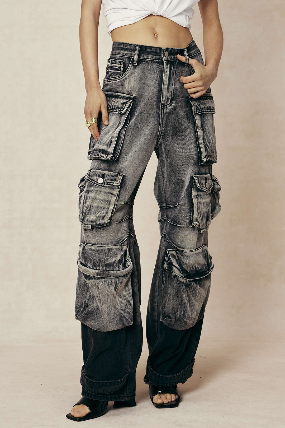 Ombre Multi Pocket Wide Leg Cargo Jeans