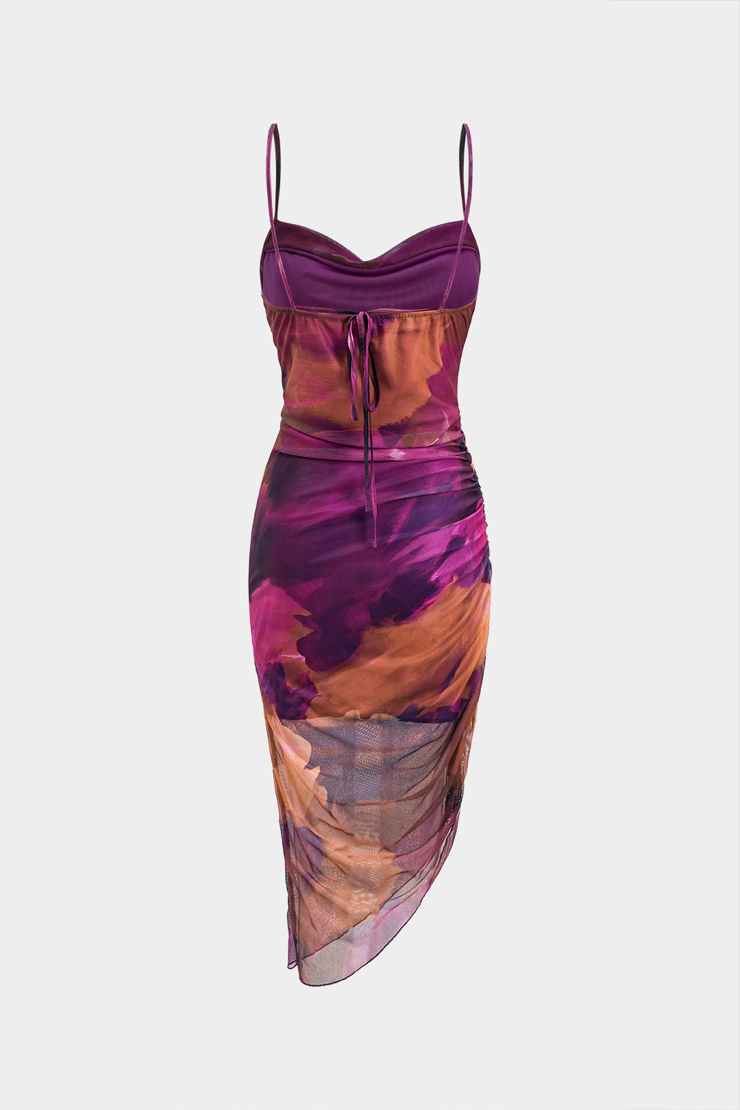 Tie Dye Print Mesh Ruched Backless Tie Back Slip Maxi Dress