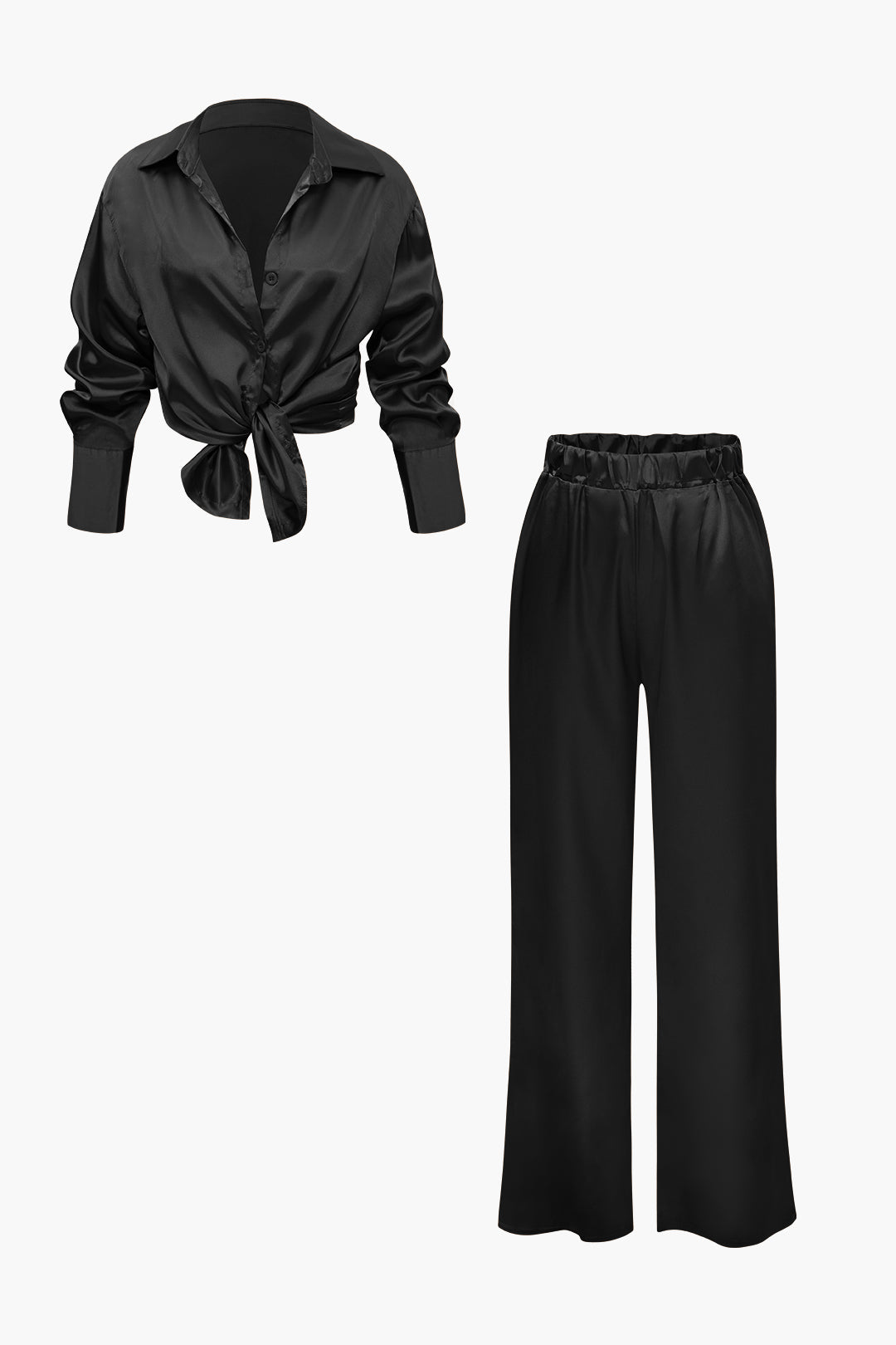 Satin Button Up Long Sleeve Shirt And Pants Set